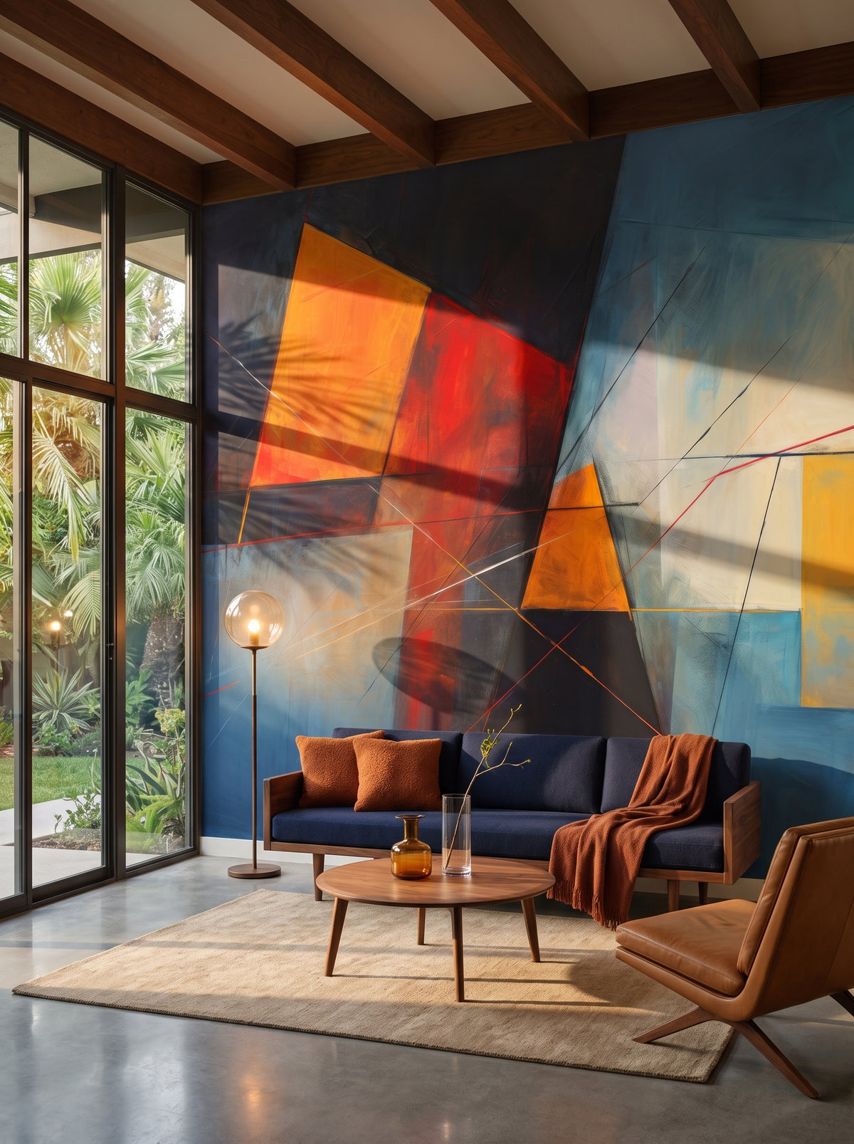 Artistic wall mural “Geometric Warmth” in an interior: living room in a Californian house from the mid-20th century.