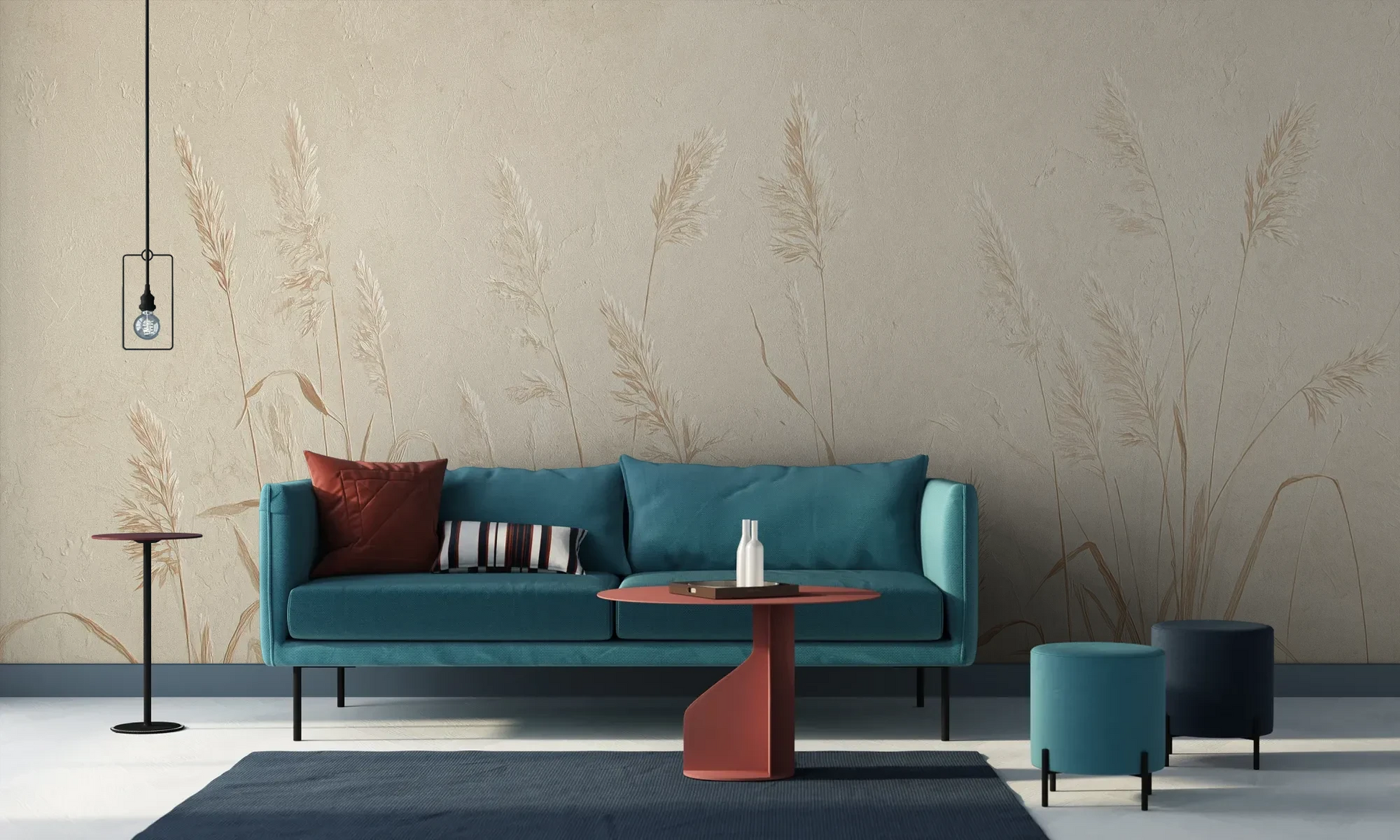 Wzór fototapety NATURE'S LULLABY - tapeta z delikatnymi źdźbłami traw w beżowej tonacji pokazanej w aranżacji salonu.