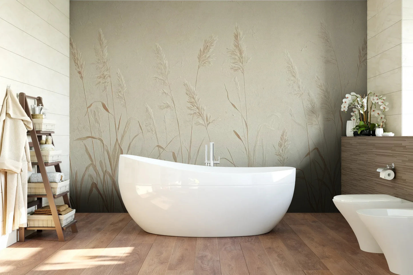 Wzór fototapety NATURE'S LULLABY - tapeta z delikatnymi źdźbłami traw w beżowej tonacji pokazanej w aranżacji łazienki.