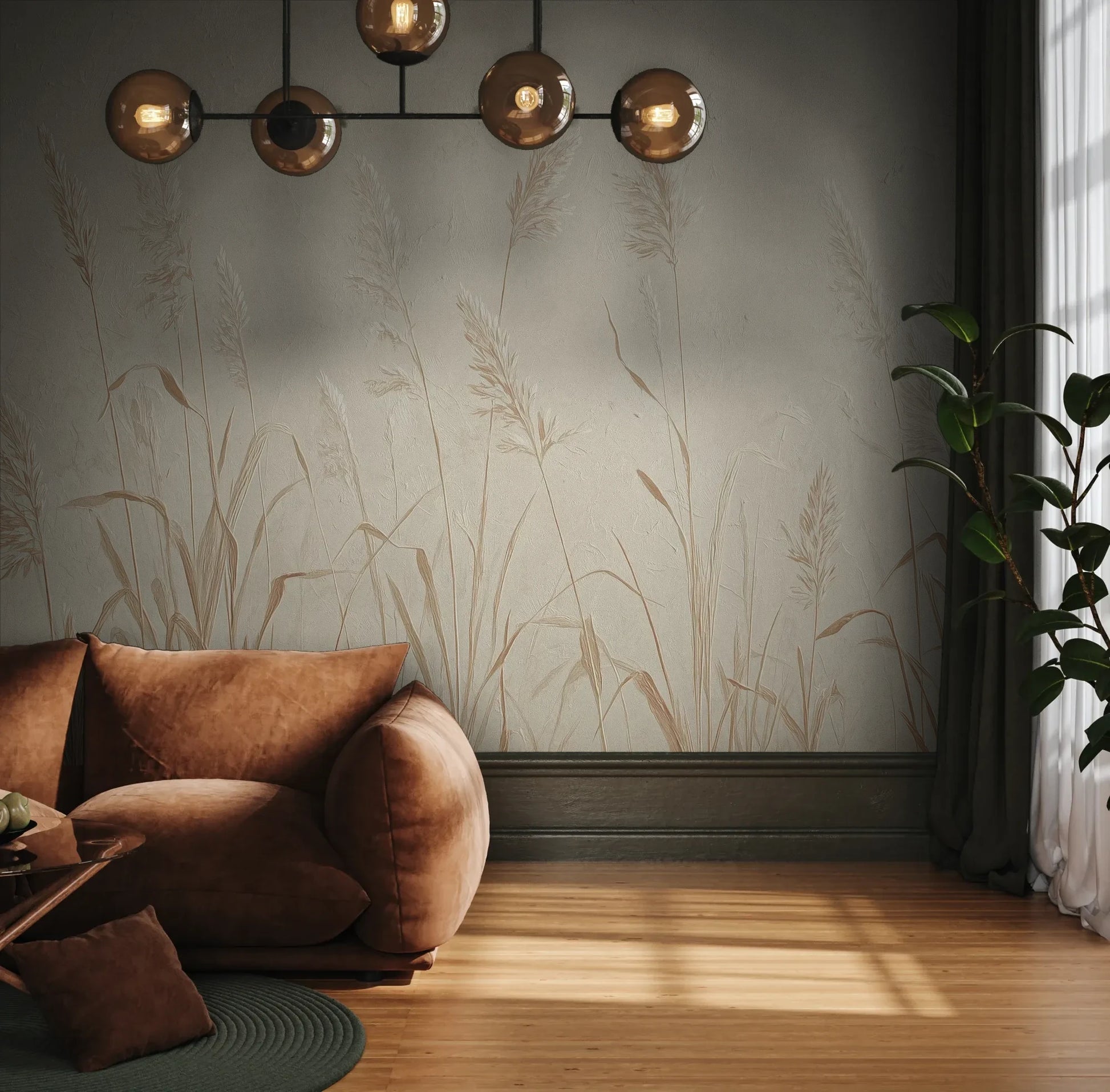 Fototapeta NATURE'S LULLABY - tapeta z delikatnymi źdźbłami traw w beżowej tonacji pokazana w aranżacji wnętrza z akcentem na ścianie.
