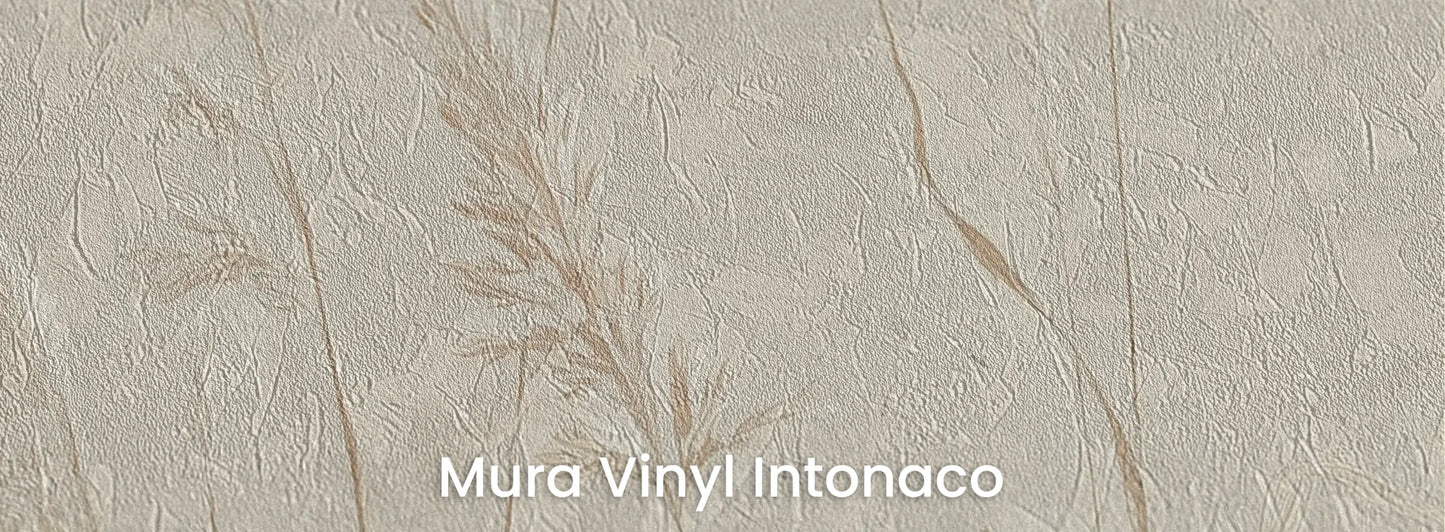 Zbliżenie na fototapetę NATURE'S LULLABY - tapeta z delikatnymi źdźbłami traw w beżowej tonacji na podłożu o strukturze tartego tynku.