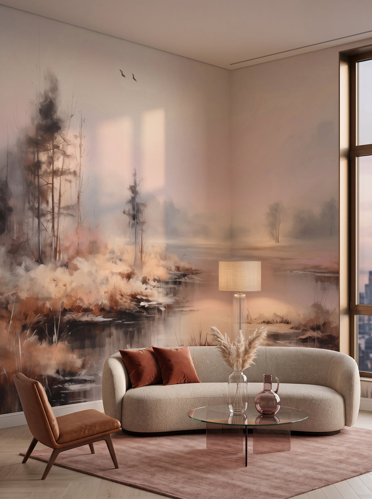 Fototapeta artystyczna o nazwie Zorza nad Wodą w aranżacji wnętrza: salon w penthousie na Manhattanie.