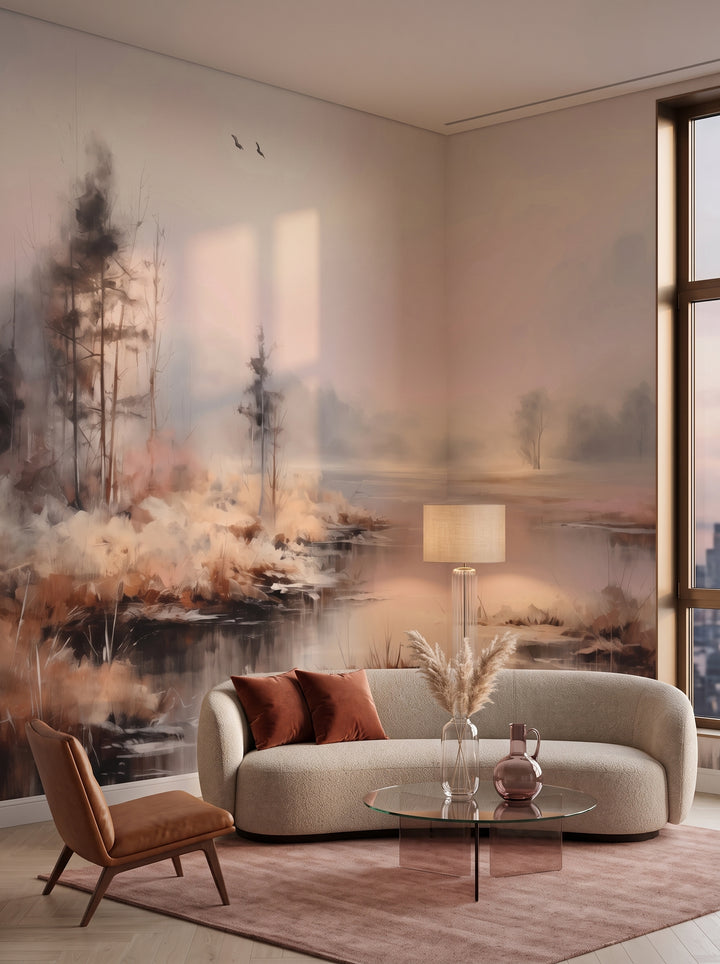 Fototapeta artystyczna o nazwie Zorza nad Wodą w aranżacji wnętrza: salon w penthousie na Manhattanie.