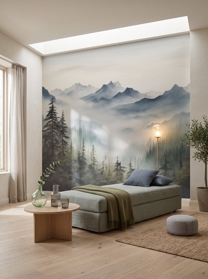 Fototapeta artystyczna o nazwie Serene Pines w aranżacji wnętrza: prywatny pokój wellness w nowoczesnej rezydencji.