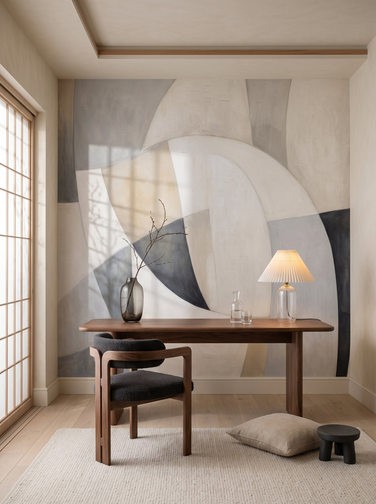 Fototapeta artystyczna o nazwie Curved Tranquility #2 w aranżacji wnętrza: gabinet w stylu japandi.