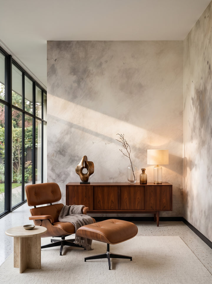 Fototapeta artystyczna o nazwie MARBLE MIST ELEGANCE w aranżacji wnętrza: salon kolekcjonera w stylu mid-century modern.