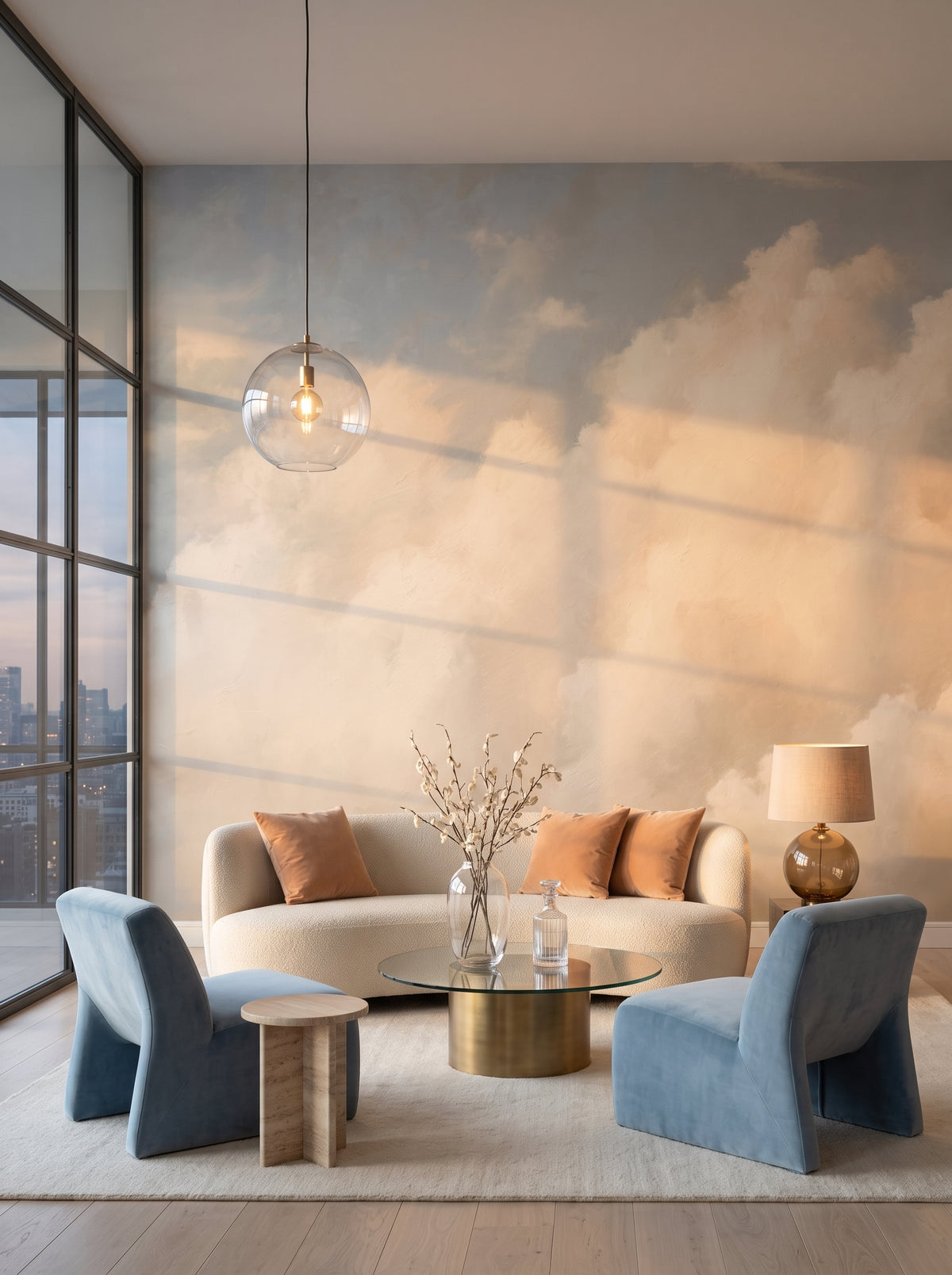 Fototapeta artystyczna o nazwie HEAVENLY CLOUDS DIVINE GLOW w aranżacji wnętrza: salon w penthousie na Manhattanie o zmierzchu.