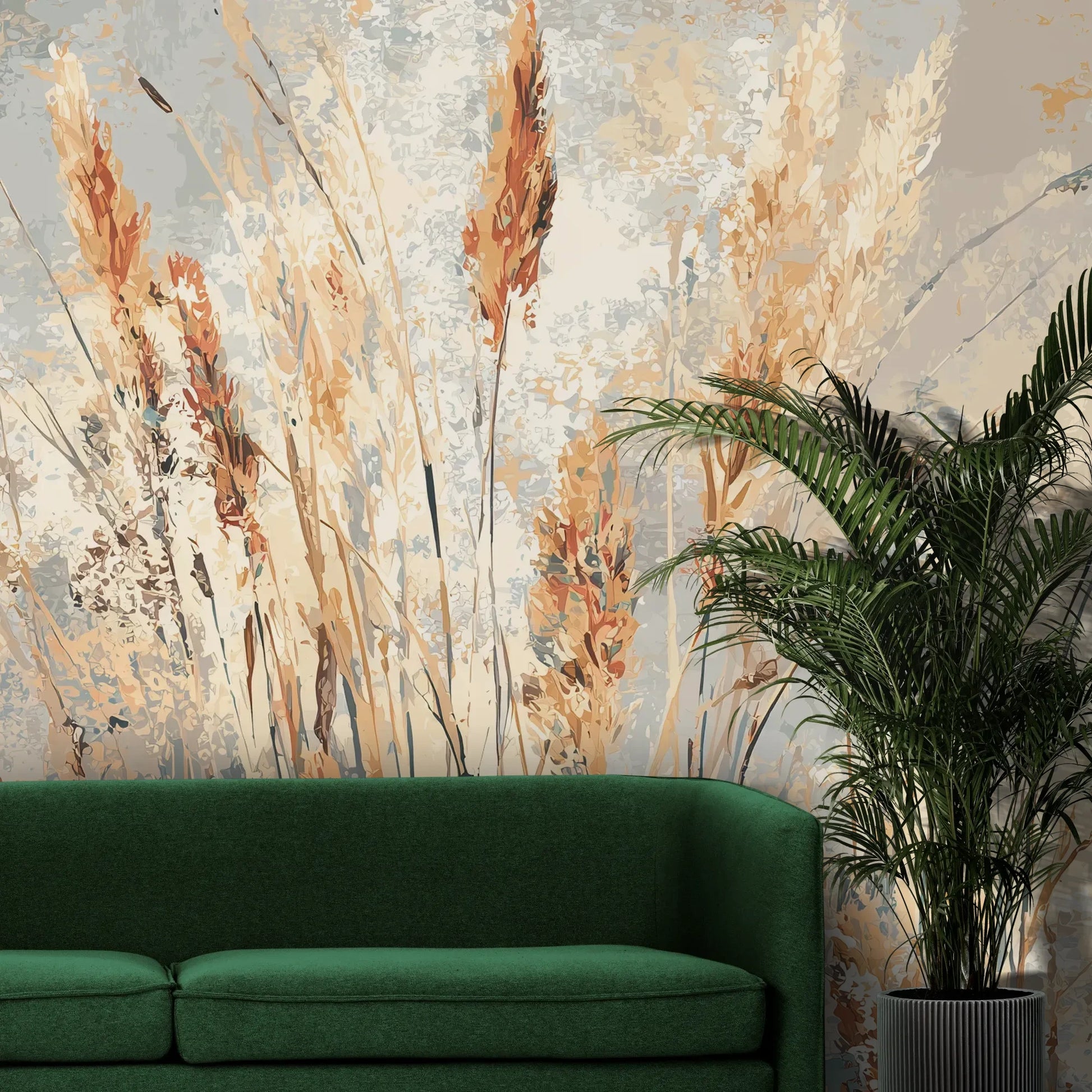 Fototapeta PASTEL POETRY - tapeta z delikatną trawą w pastelowych odcieniach pokazana w aranżacji wnętrza z akcentem na ścianie.