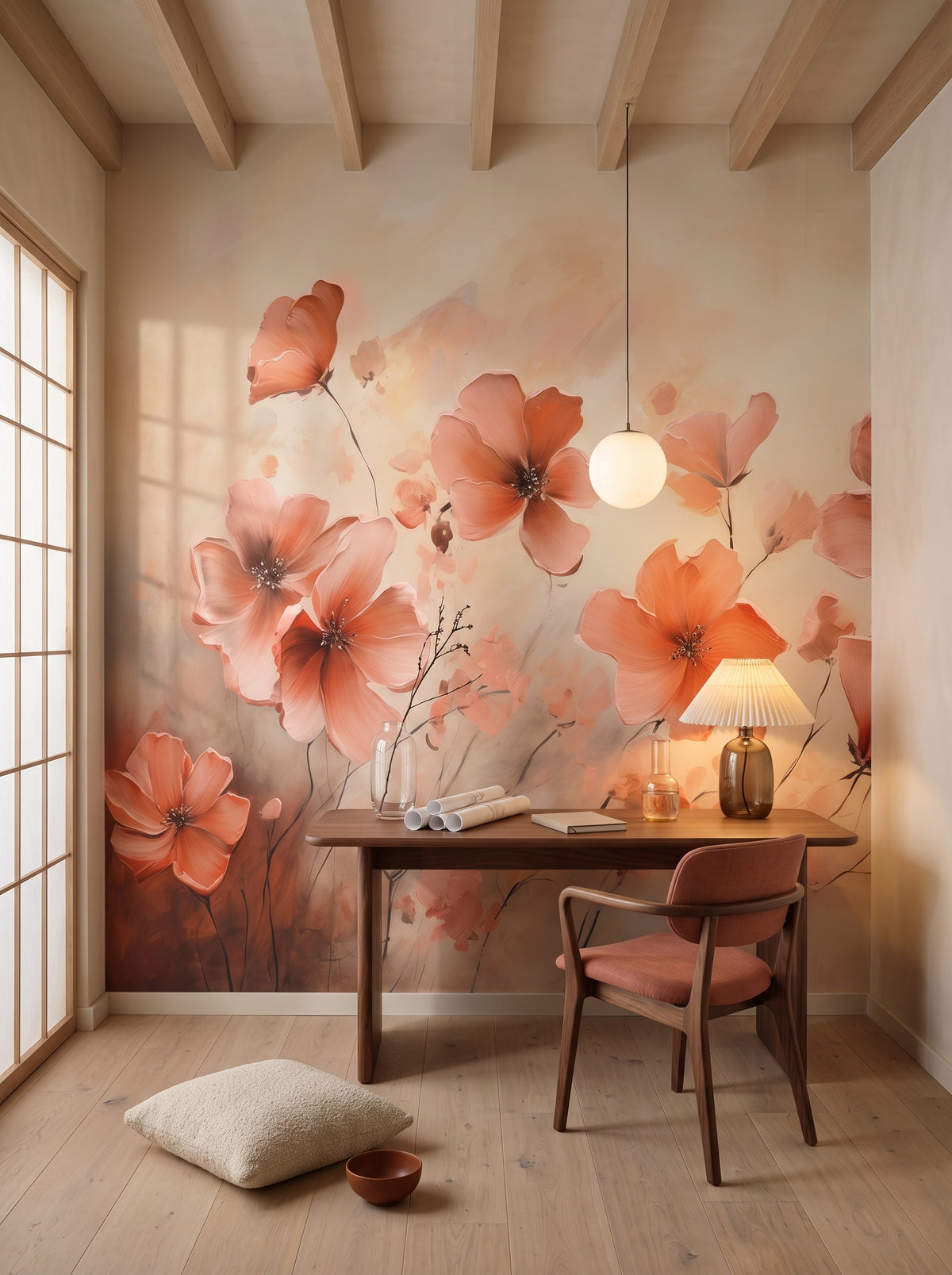 Fototapeta artystyczna o nazwie Misty Poppies w aranżacji wnętrza: gabinet w stylu japandi.