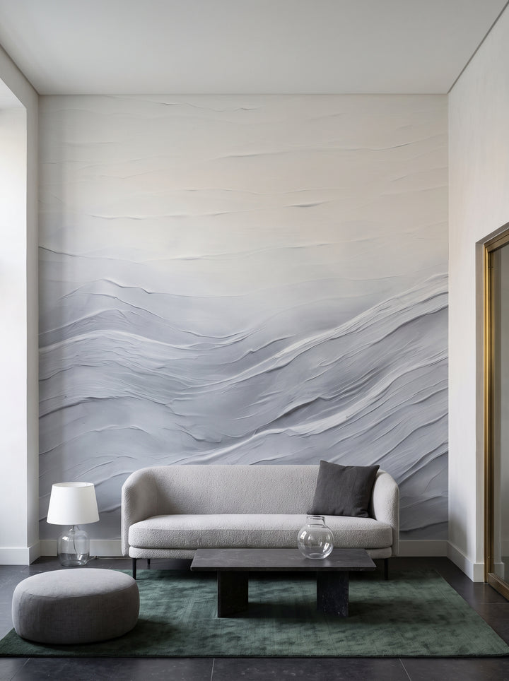 Fototapeta artystyczna o nazwie Serenity Waves w aranżacji wnętrza: lobby lounge w butikowym hotelu designerskim.