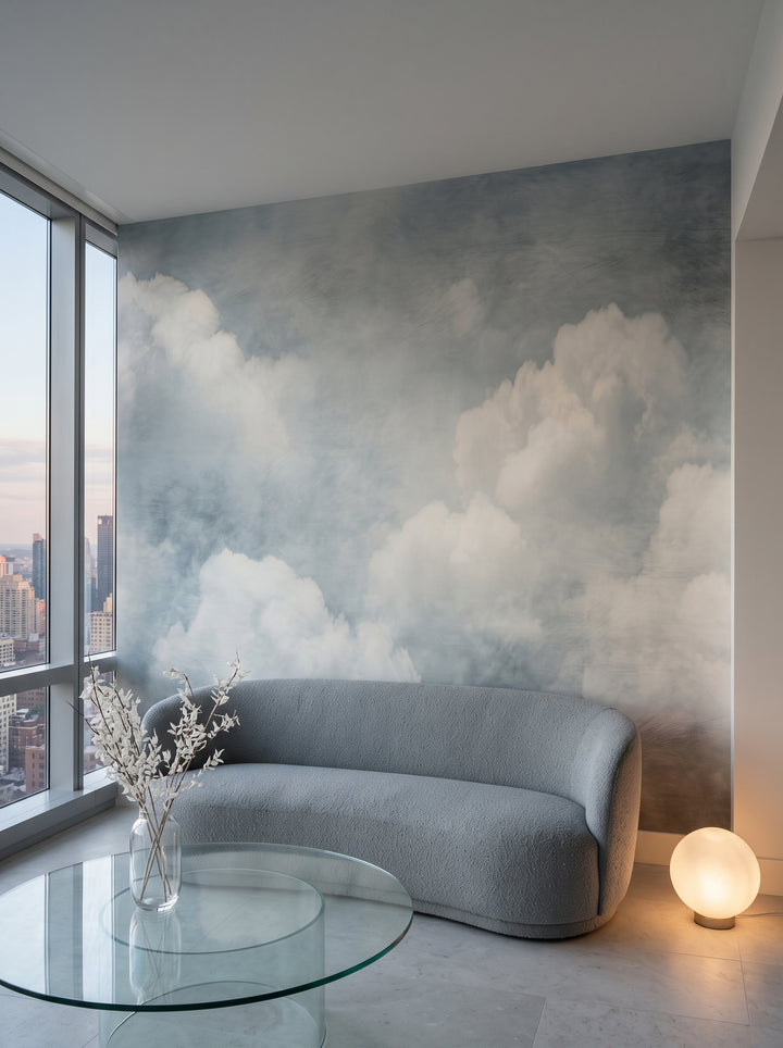 Fototapeta artystyczna o nazwie SKY WHISPER WISPS w aranżacji wnętrza: salon w penthousie na Manhattanie.