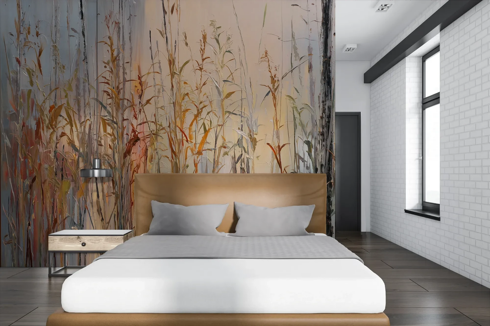 Wzór fototapety EARTHEN MELODY - tapeta z jesiennymi trawami w impresjonistycznym stylu pokazanej w aranżacji sypialni.