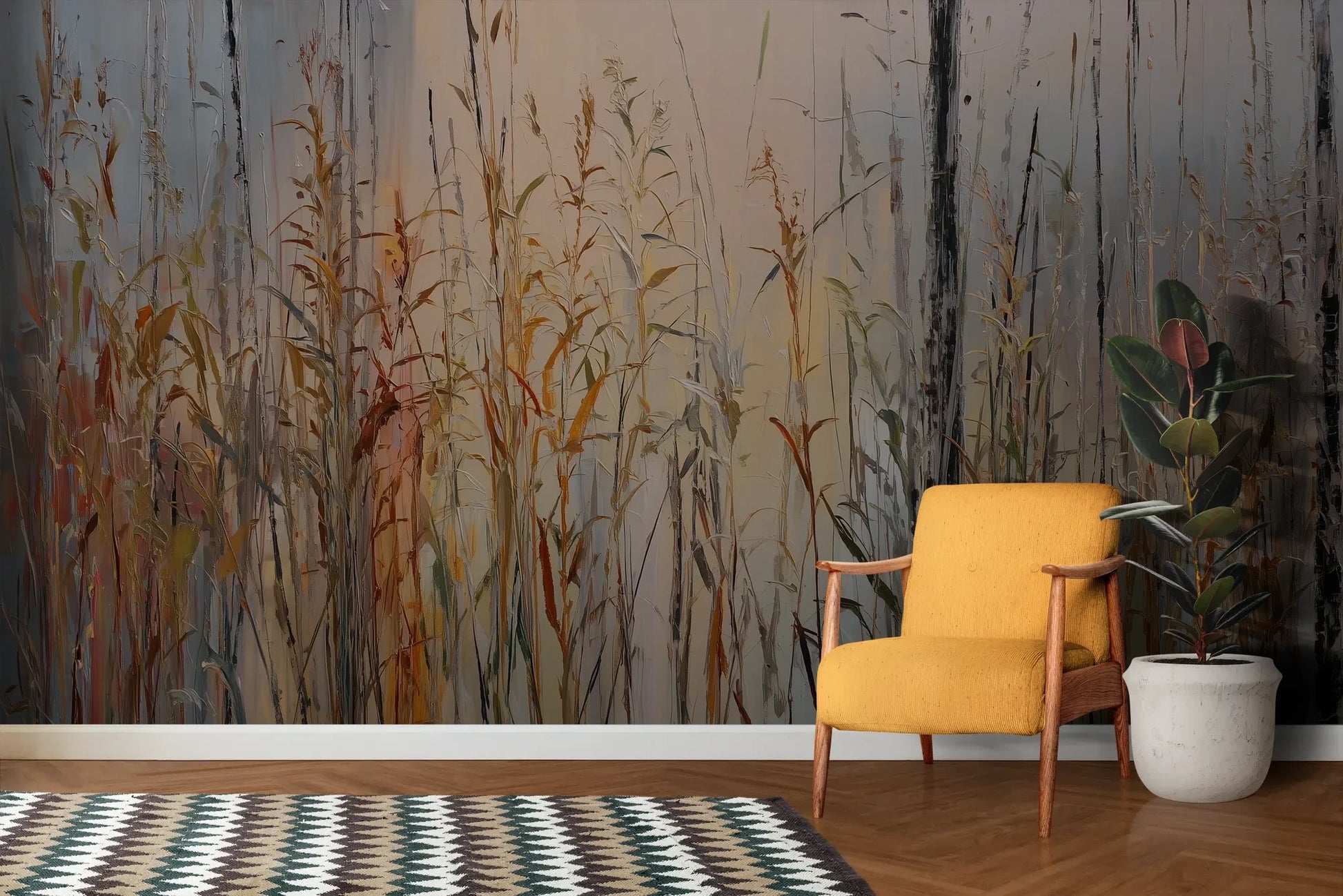 Wzór fototapety EARTHEN MELODY - tapeta z jesiennymi trawami w impresjonistycznym stylu pokazanej w aranżacji salonu.