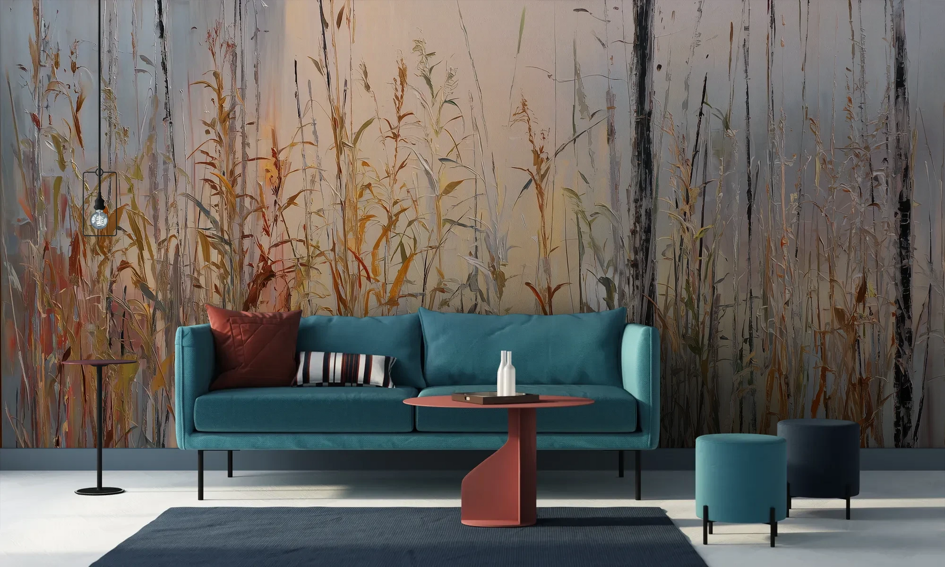 Wzór fototapety EARTHEN MELODY - tapeta z jesiennymi trawami w impresjonistycznym stylu pokazanej w aranżacji salonu.