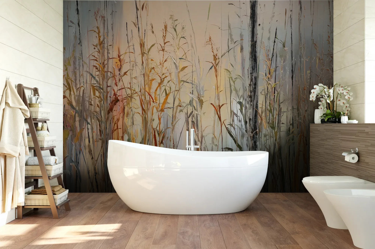 Wzór fototapety EARTHEN MELODY - tapeta z jesiennymi trawami w impresjonistycznym stylu pokazanej w aranżacji łazienki.