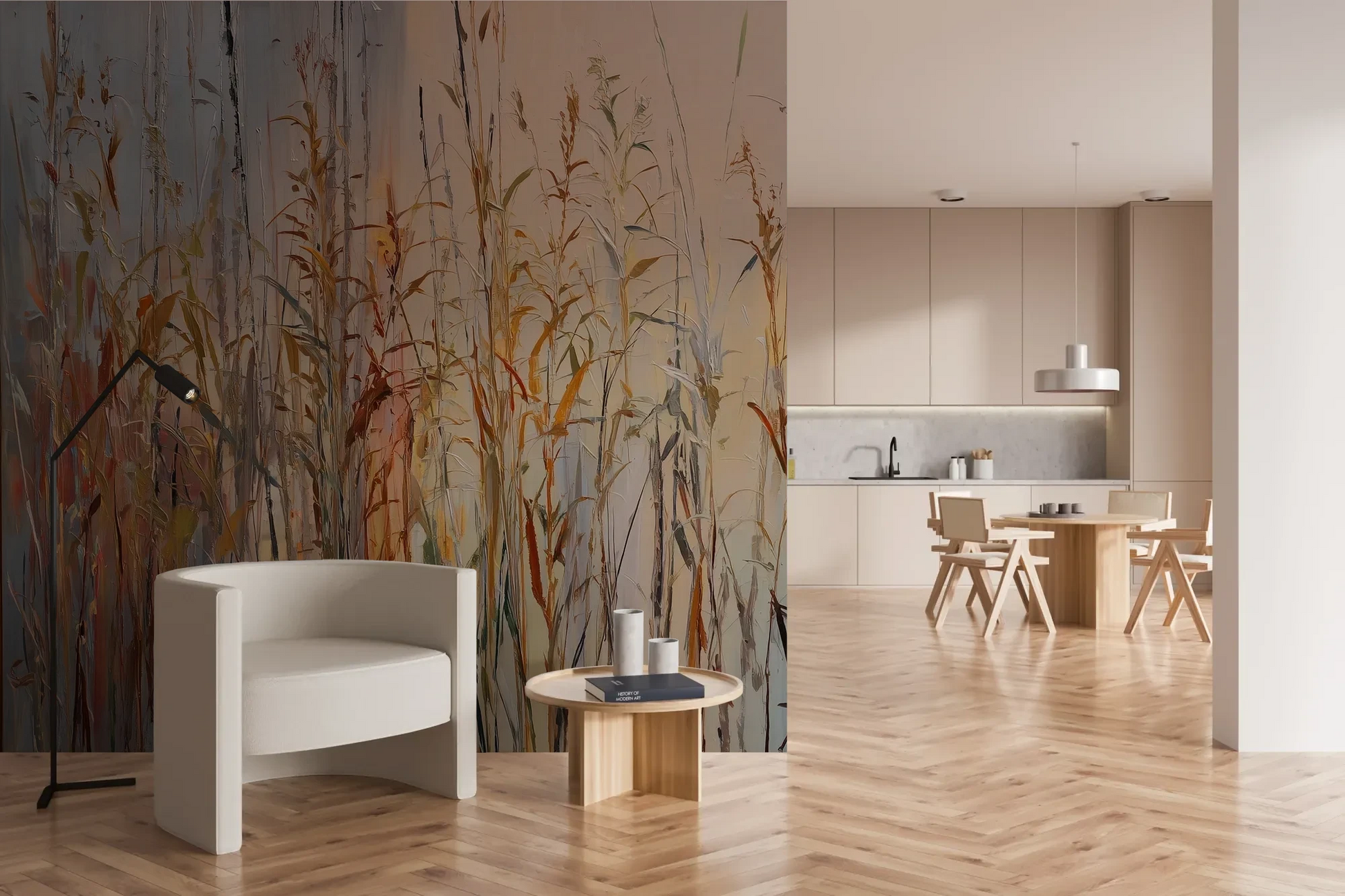 Wzór fototapety EARTHEN MELODY - tapeta z jesiennymi trawami w impresjonistycznym stylu pokazanej w aranżacji kuchni.