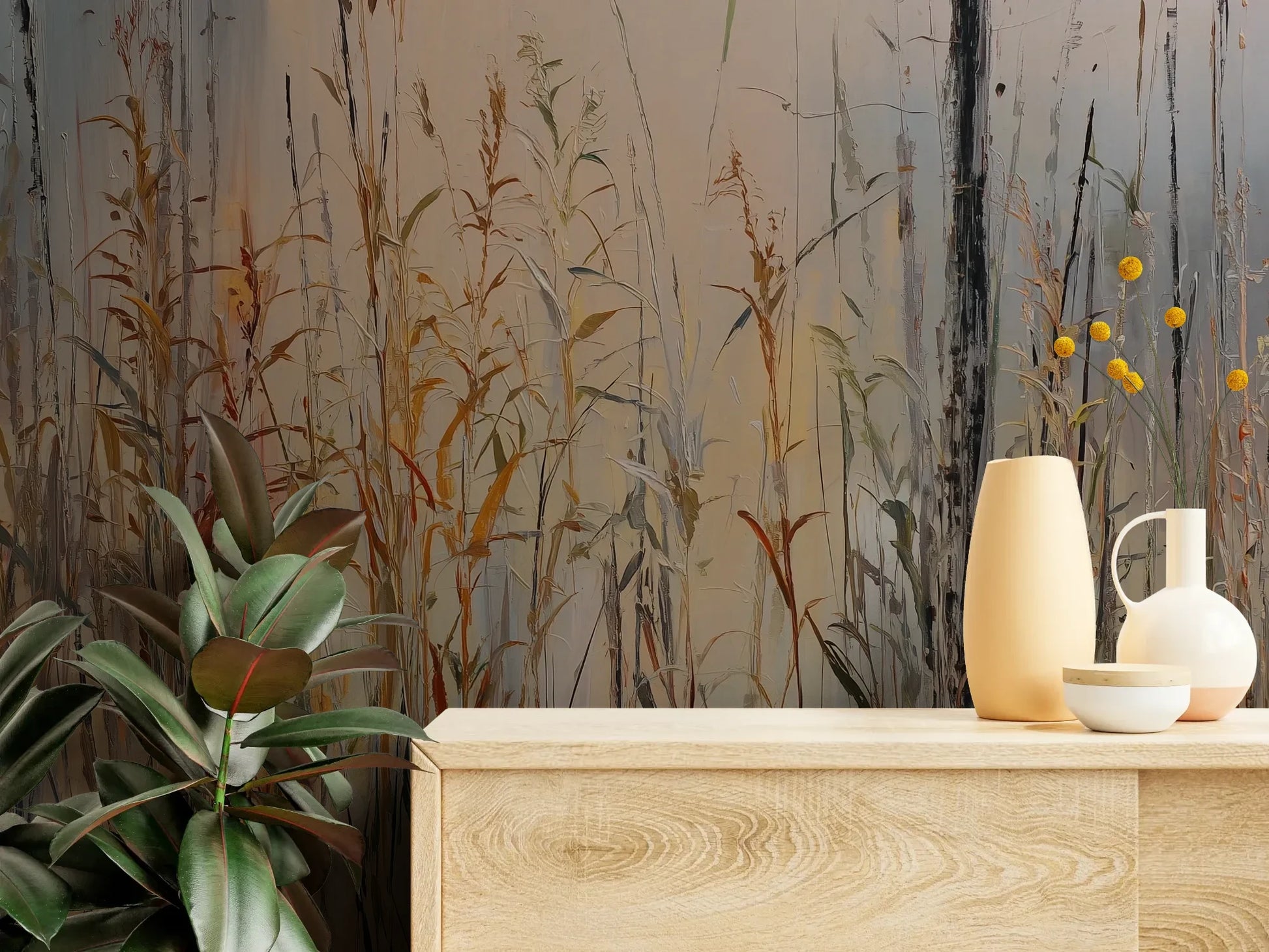 Fototapeta EARTHEN MELODY - tapeta z jesiennymi trawami w impresjonistycznym stylu pokazana w aranżacji wnętrza z akcentem na ścianie.