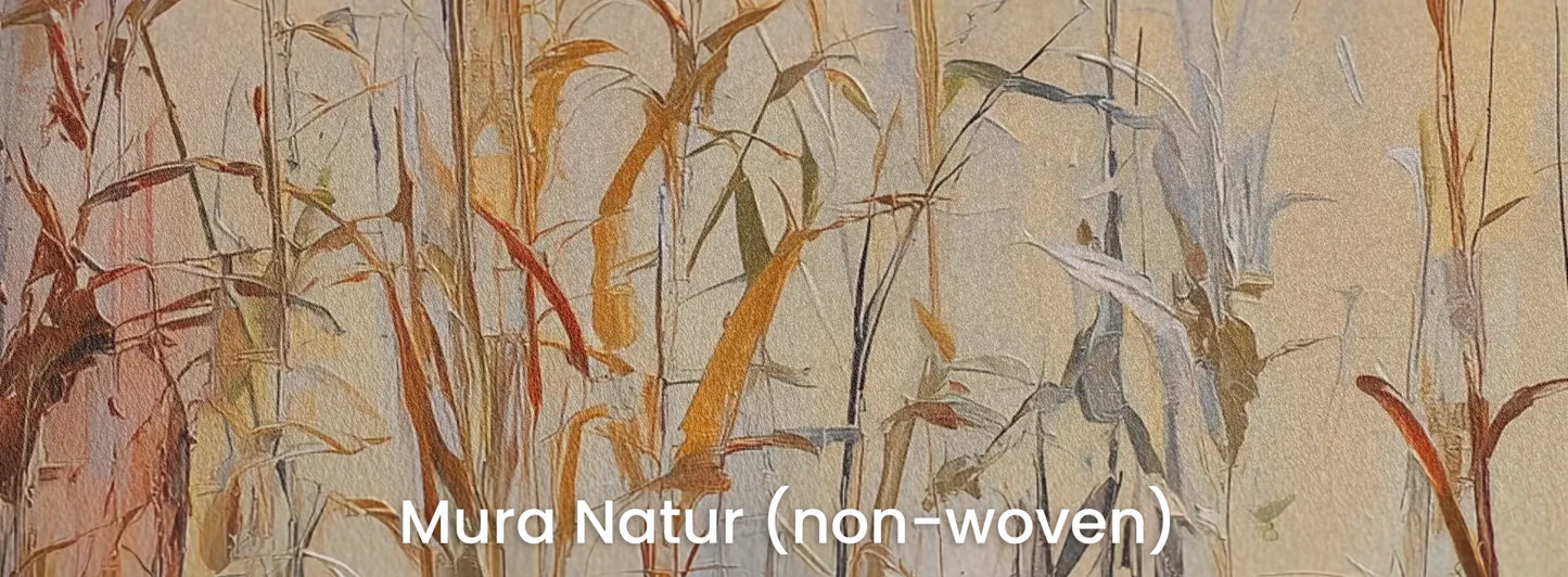 Zbliżenie na fototapetę EARTHEN MELODY - tapeta z jesiennymi trawami w impresjonistycznym stylu na naturalnym podłożu ekologicznym.