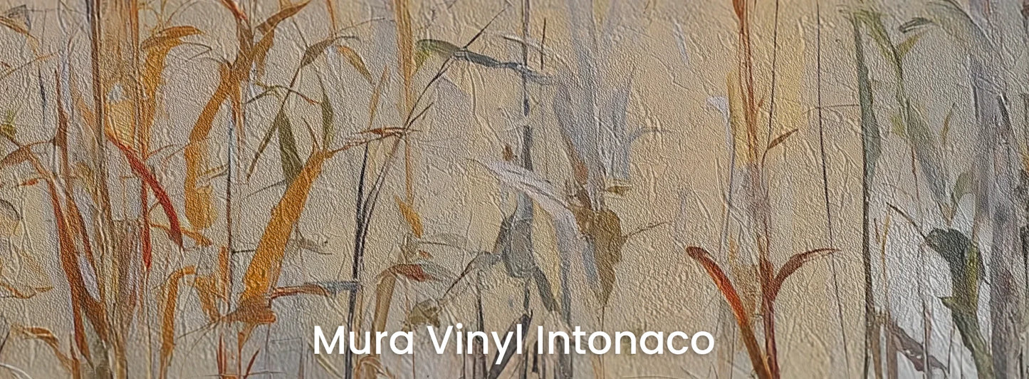 Zbliżenie na fototapetę EARTHEN MELODY - tapeta z jesiennymi trawami w impresjonistycznym stylu na podłożu o strukturze tartego tynku.