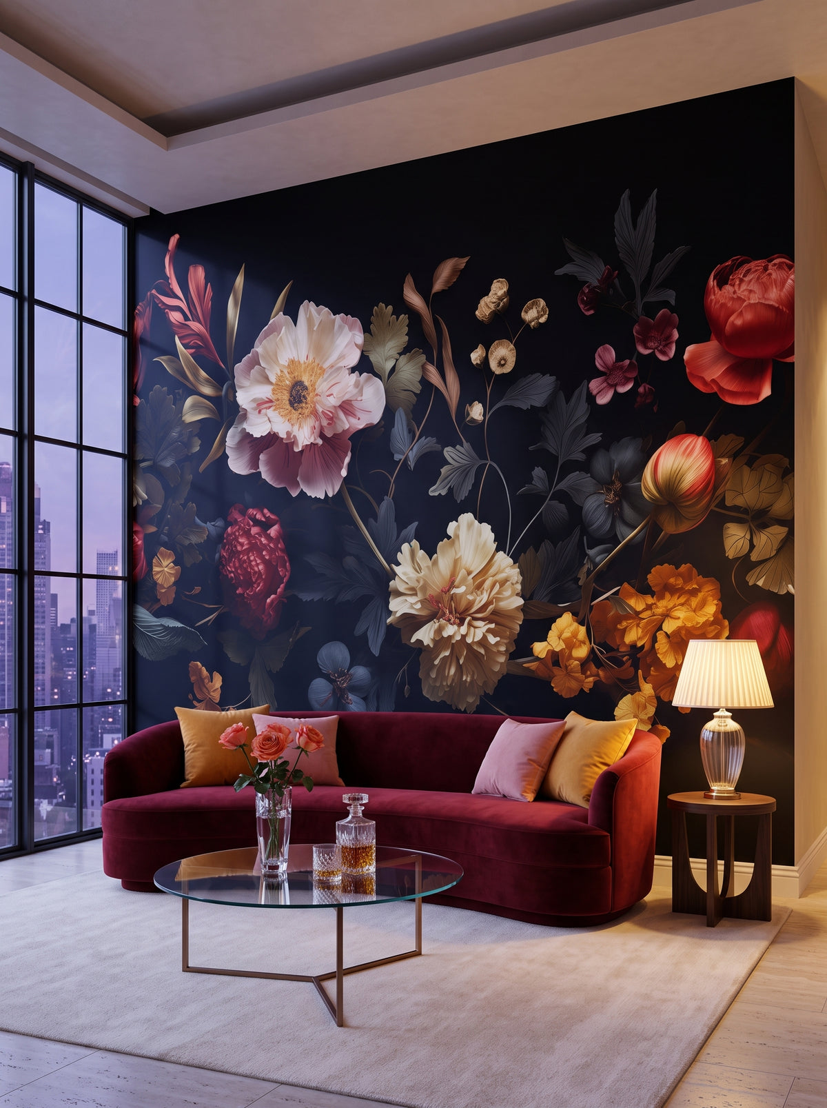 Fototapeta artystyczna o nazwie Nocturnal Blooms w aranżacji wnętrza: salon w penthousie na Manhattanie.