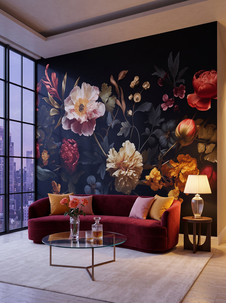 Fototapeta artystyczna o nazwie Nocturnal Blooms w aranżacji wnętrza: salon w penthousie na Manhattanie.