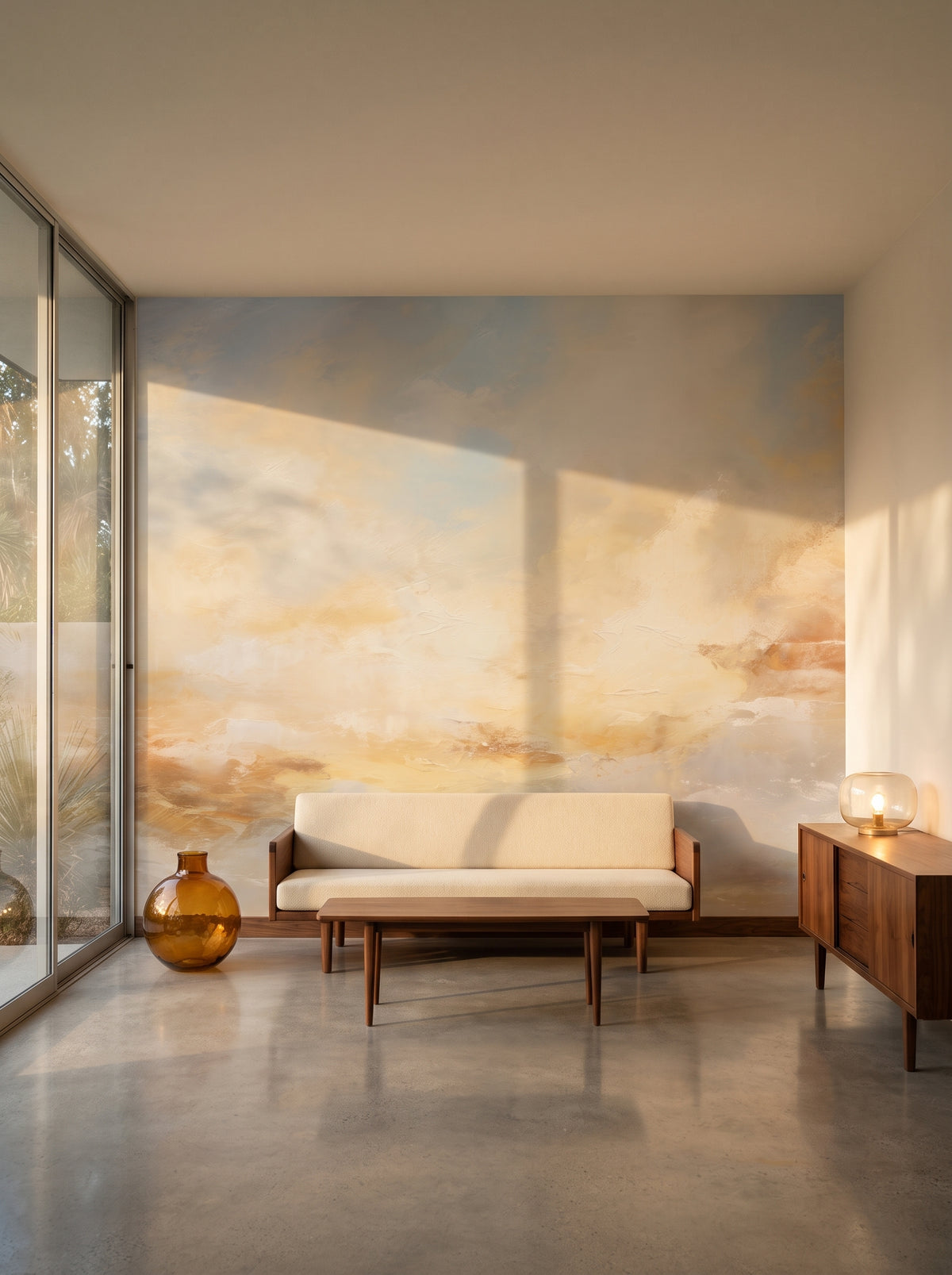 Fototapeta artystyczna o nazwie SUNLIT CLOUDSCAPE GLORY w aranżacji wnętrza: salon w kalifornijskim domu z lat 50..