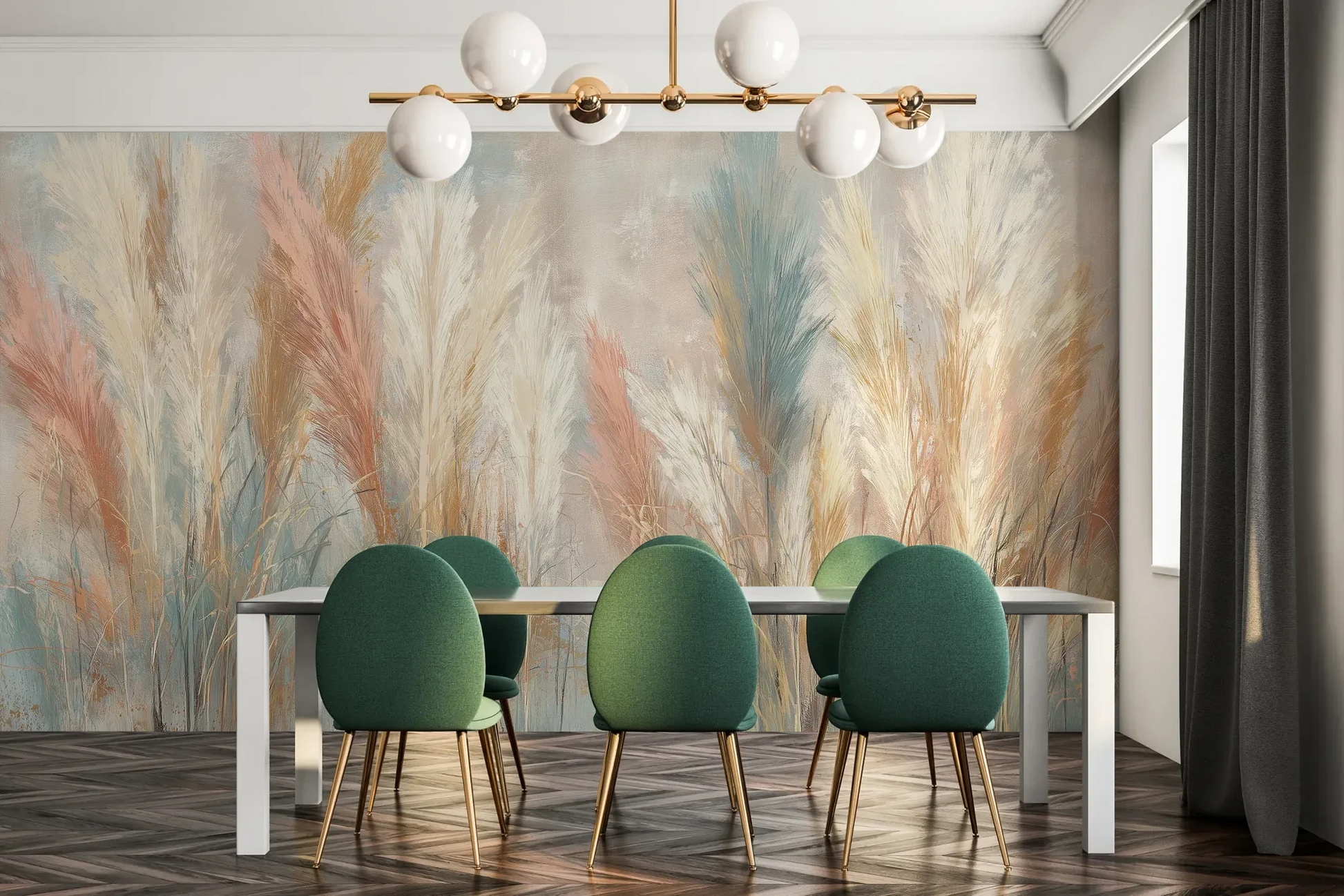Fototapeta SOFT HORIZON - tapeta z delikatnymi trawami w pastelowych odcieniach pokazana w aranżacji jadalni.