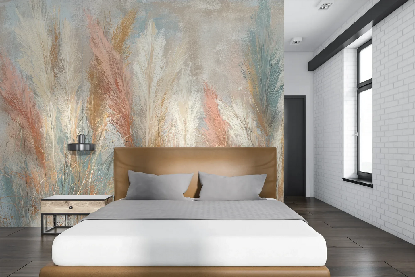 Wzór fototapety SOFT HORIZON - tapeta z delikatnymi trawami w pastelowych odcieniach pokazanej w aranżacji sypialni.