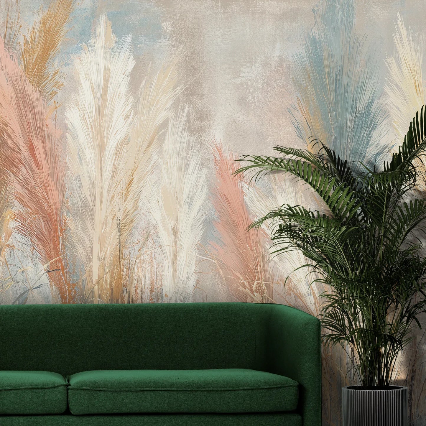 Fototapeta SOFT HORIZON - tapeta z delikatnymi trawami w pastelowych odcieniach pokazana w aranżacji wnętrza z akcentem na ścianie.