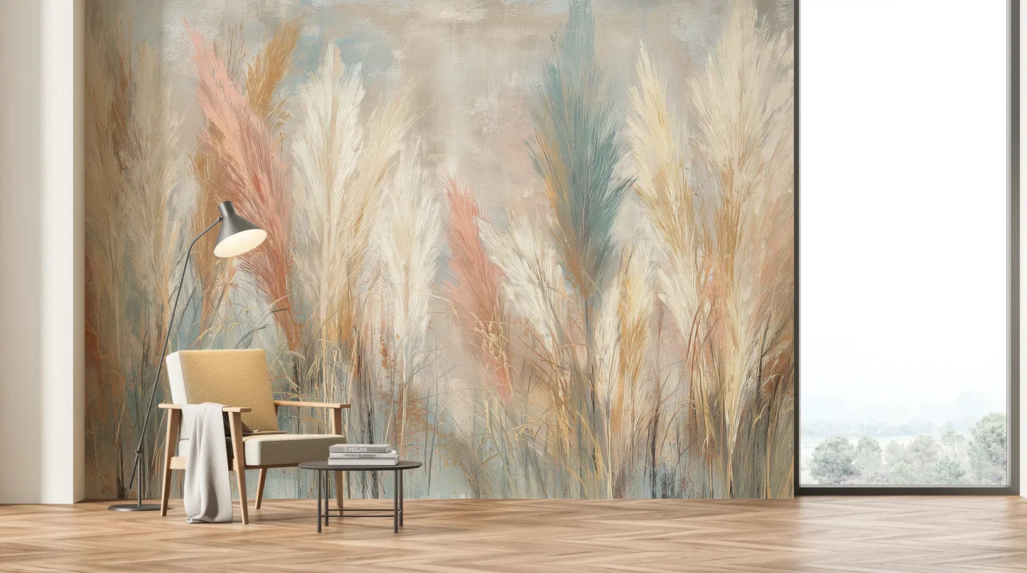 Wzór fototapety SOFT HORIZON - tapeta z delikatnymi trawami w pastelowych odcieniach pokazanej w aranżacji salonu.