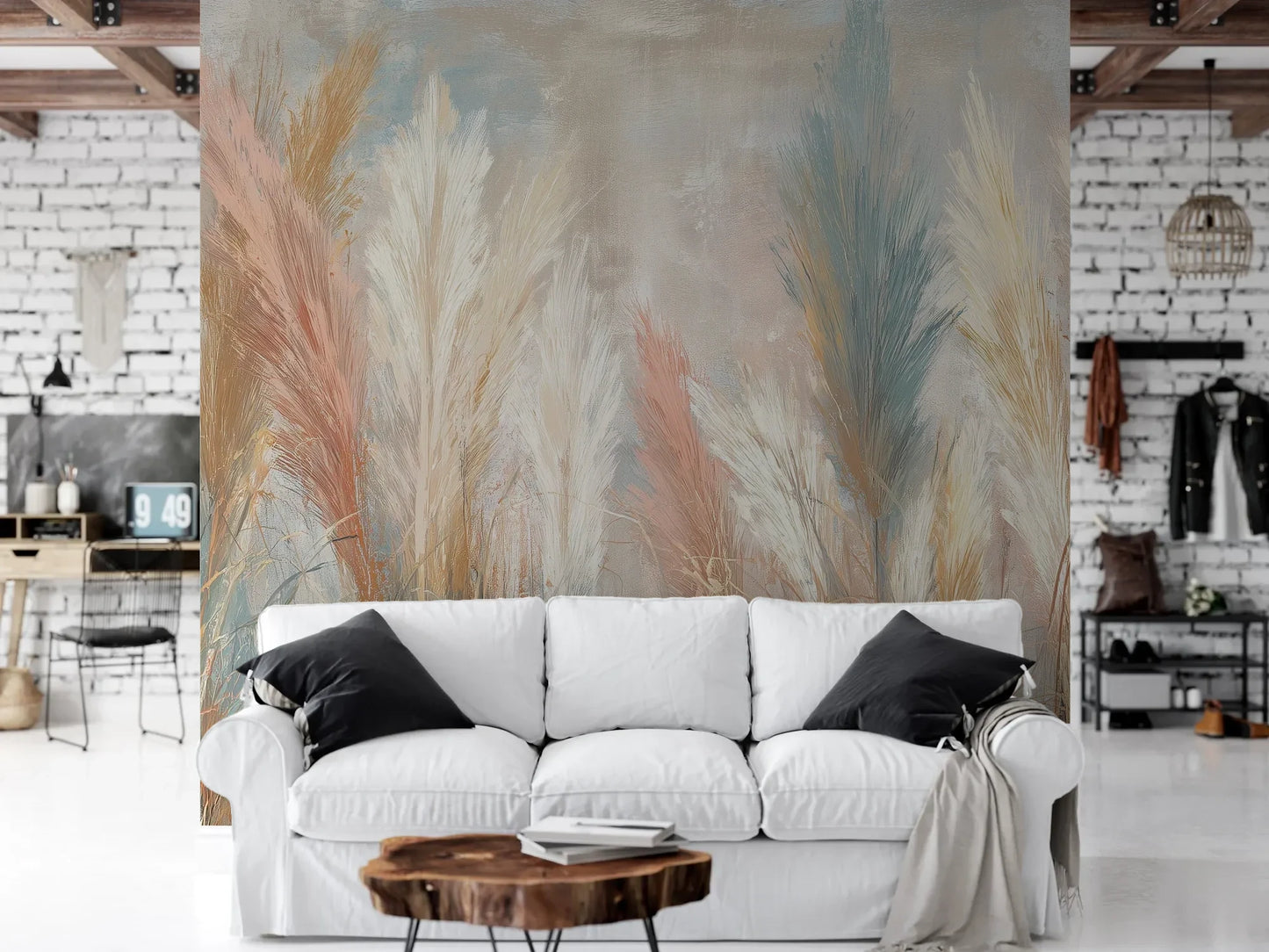 Wzór fototapety SOFT HORIZON - tapeta z delikatnymi trawami w pastelowych odcieniach pokazanej w aranżacji salonu.