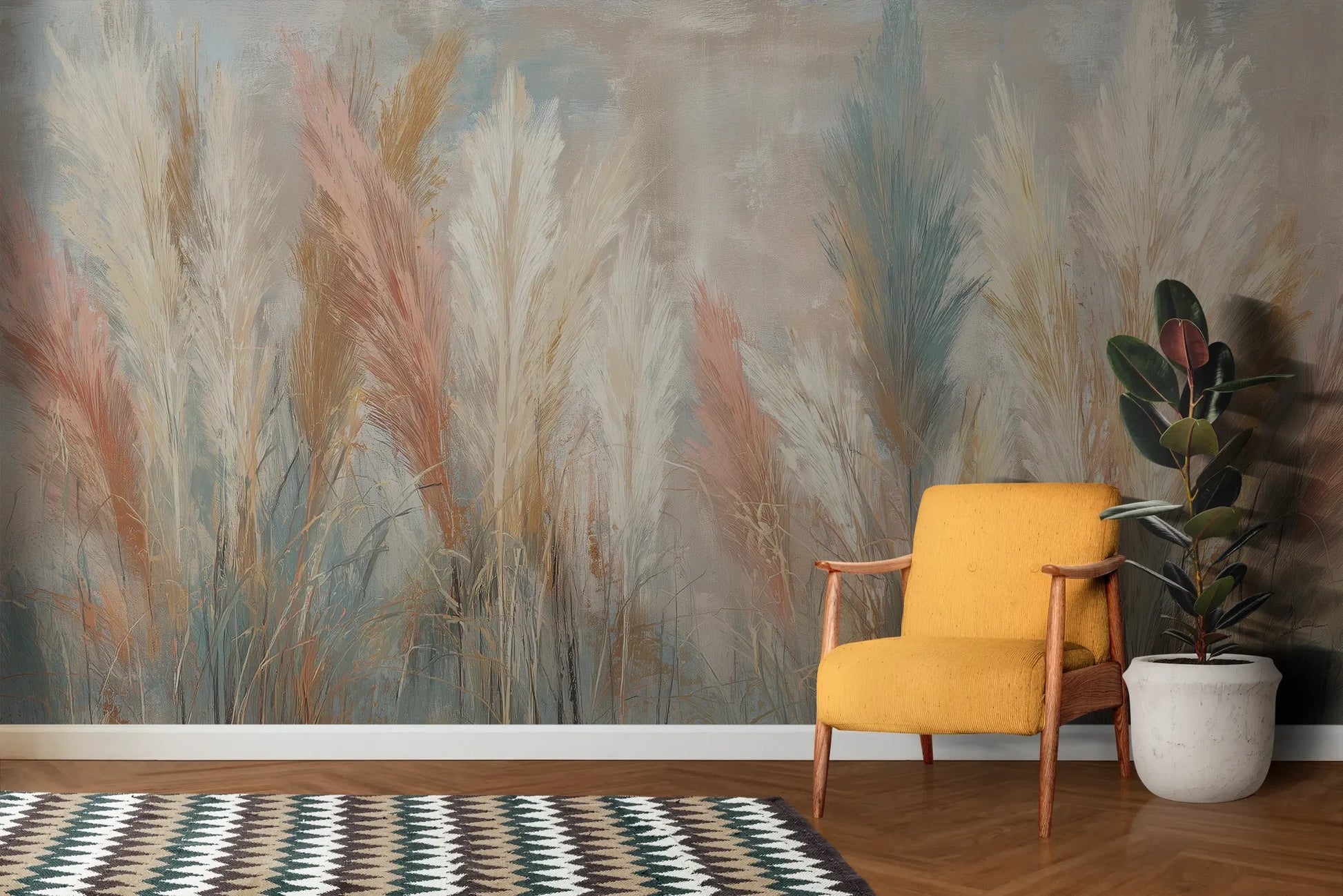 Wzór fototapety SOFT HORIZON - tapeta z delikatnymi trawami w pastelowych odcieniach pokazanej w aranżacji salonu.
