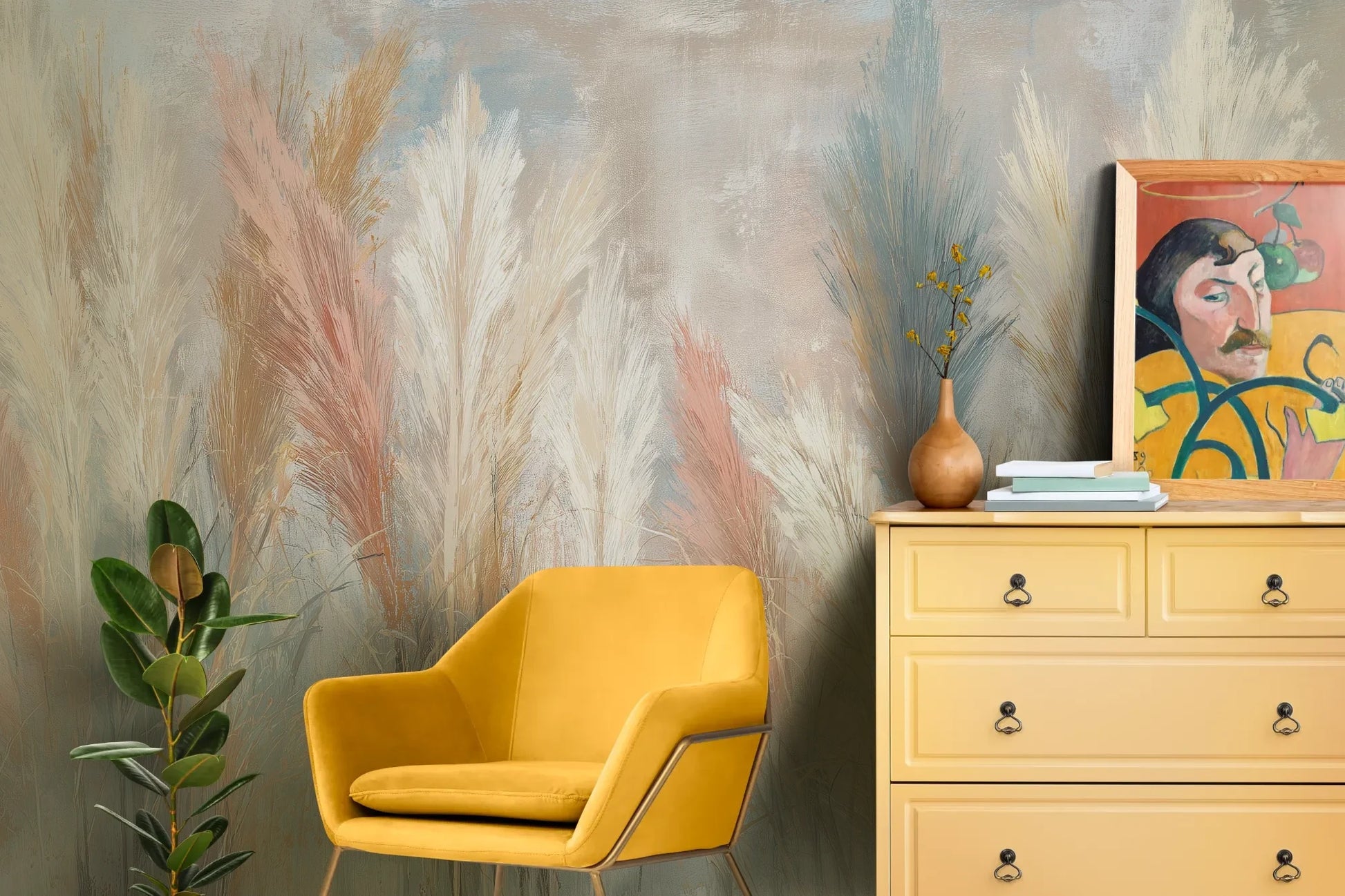 Wzór fototapety SOFT HORIZON - tapeta z delikatnymi trawami w pastelowych odcieniach pokazanej w aranżacji salonu.