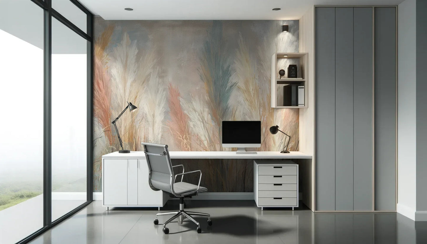 Fototapeta SOFT HORIZON - tapeta z delikatnymi trawami w pastelowych odcieniach pokazana w aranżacji biura.