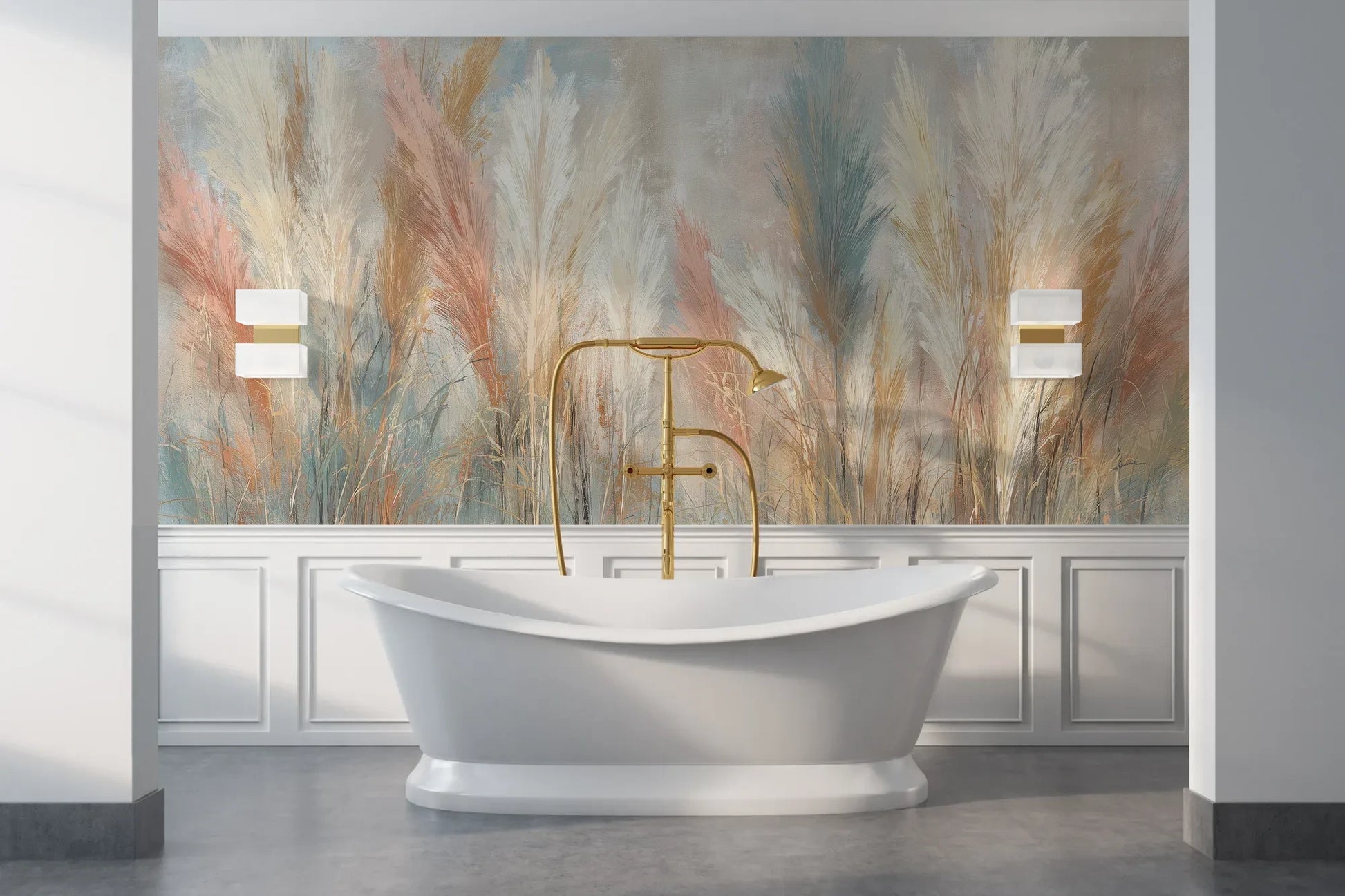 Wzór fototapety SOFT HORIZON - tapeta z delikatnymi trawami w pastelowych odcieniach pokazanej w aranżacji łazienki.