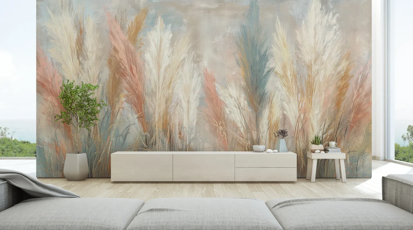 Wzór fototapety SOFT HORIZON - tapeta z delikatnymi trawami w pastelowych odcieniach pokazanej w aranżacji salonu.