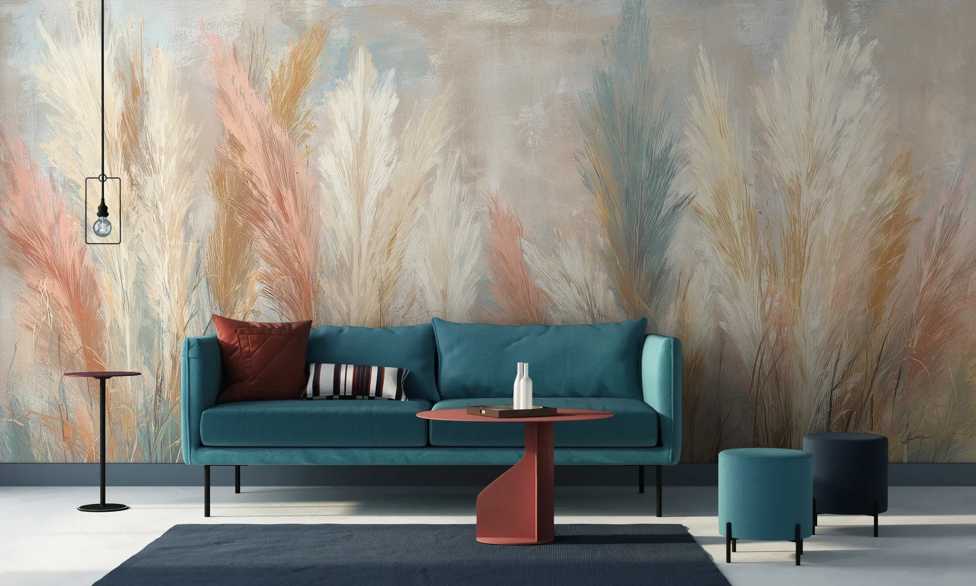 Wzór fototapety SOFT HORIZON - tapeta z delikatnymi trawami w pastelowych odcieniach pokazanej w aranżacji salonu.