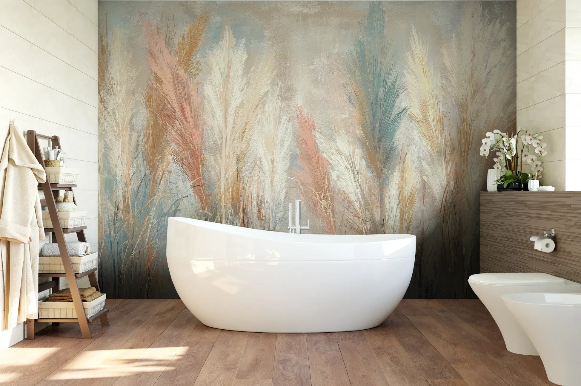 Wzór fototapety SOFT HORIZON - tapeta z delikatnymi trawami w pastelowych odcieniach pokazanej w aranżacji łazienki.