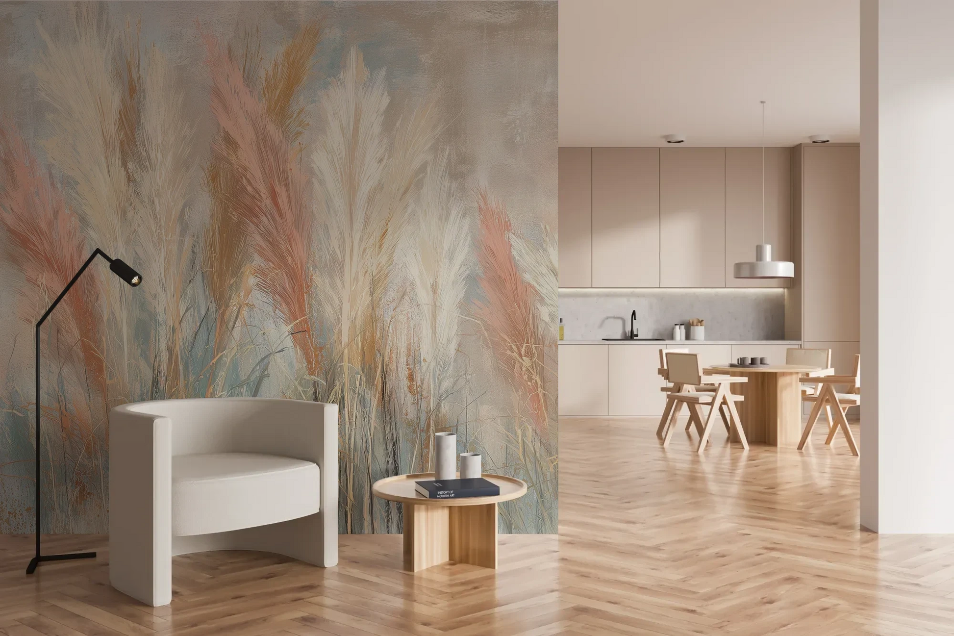 Wzór fototapety SOFT HORIZON - tapeta z delikatnymi trawami w pastelowych odcieniach pokazanej w aranżacji kuchni.