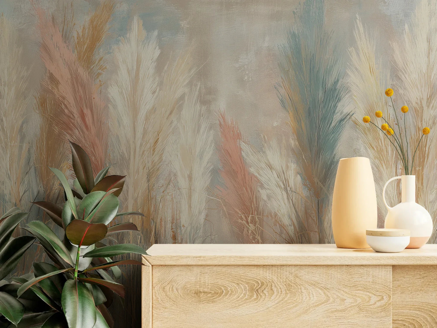 Fototapeta SOFT HORIZON - tapeta z delikatnymi trawami w pastelowych odcieniach pokazana w aranżacji wnętrza z akcentem na ścianie.