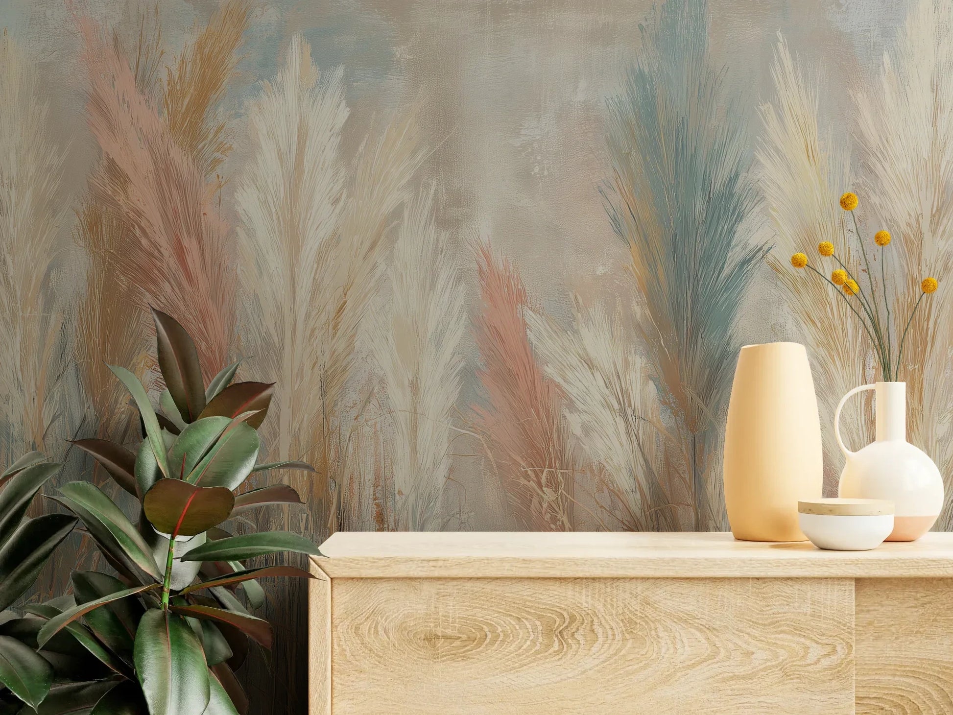Fototapeta SOFT HORIZON - tapeta z delikatnymi trawami w pastelowych odcieniach pokazana w aranżacji wnętrza z akcentem na ścianie.