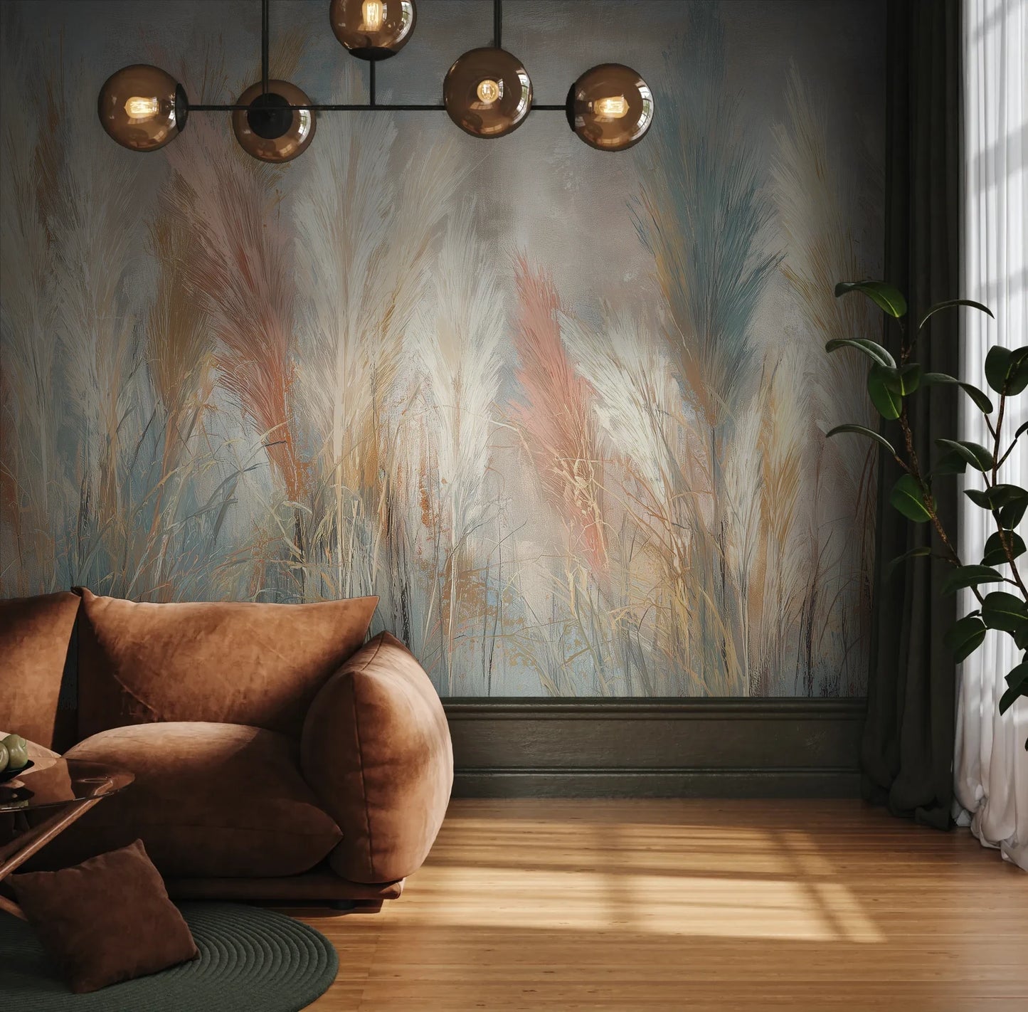 Fototapeta SOFT HORIZON - tapeta z delikatnymi trawami w pastelowych odcieniach pokazana w aranżacji wnętrza z akcentem na ścianie.