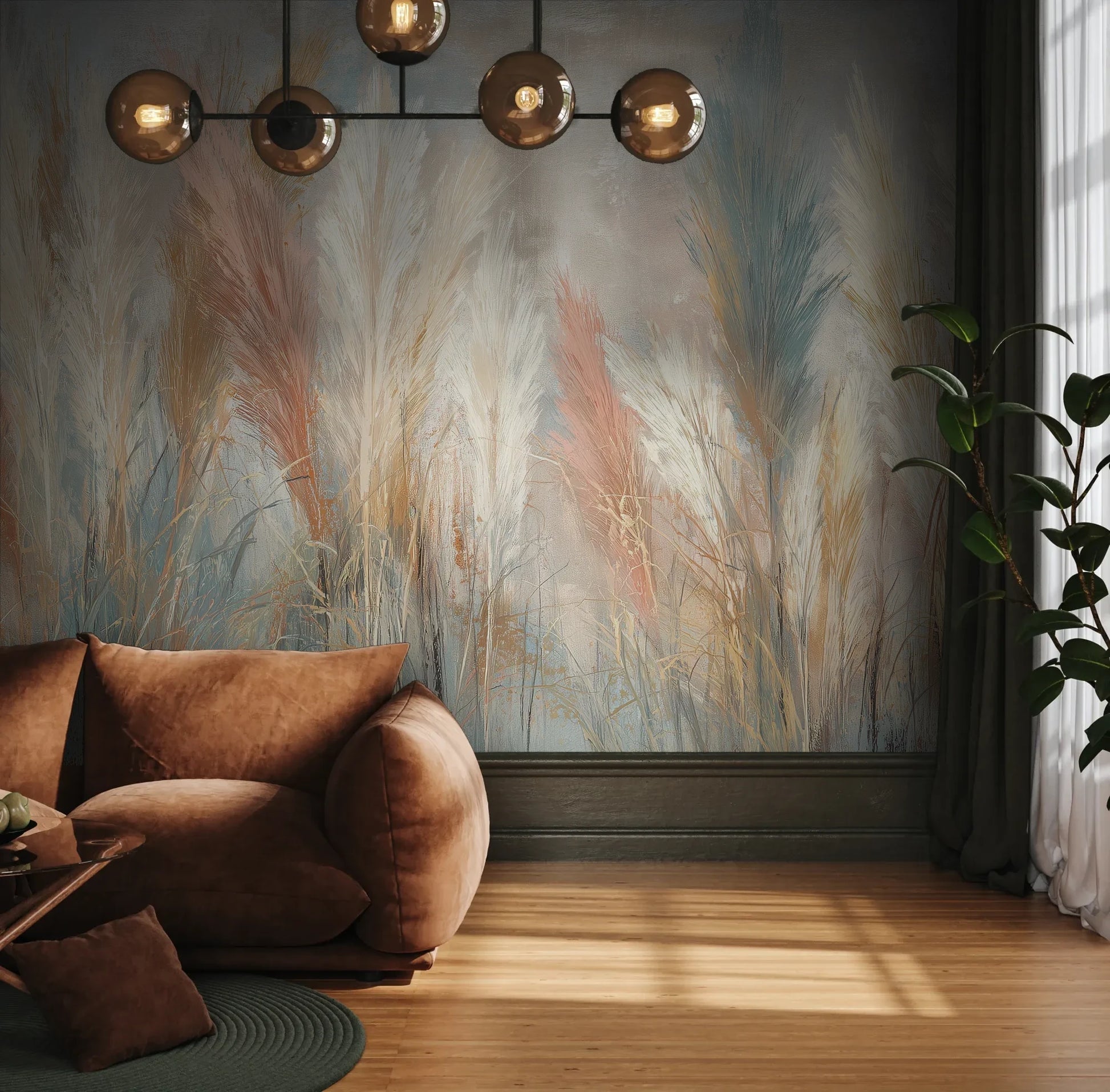 Fototapeta SOFT HORIZON - tapeta z delikatnymi trawami w pastelowych odcieniach pokazana w aranżacji wnętrza z akcentem na ścianie.