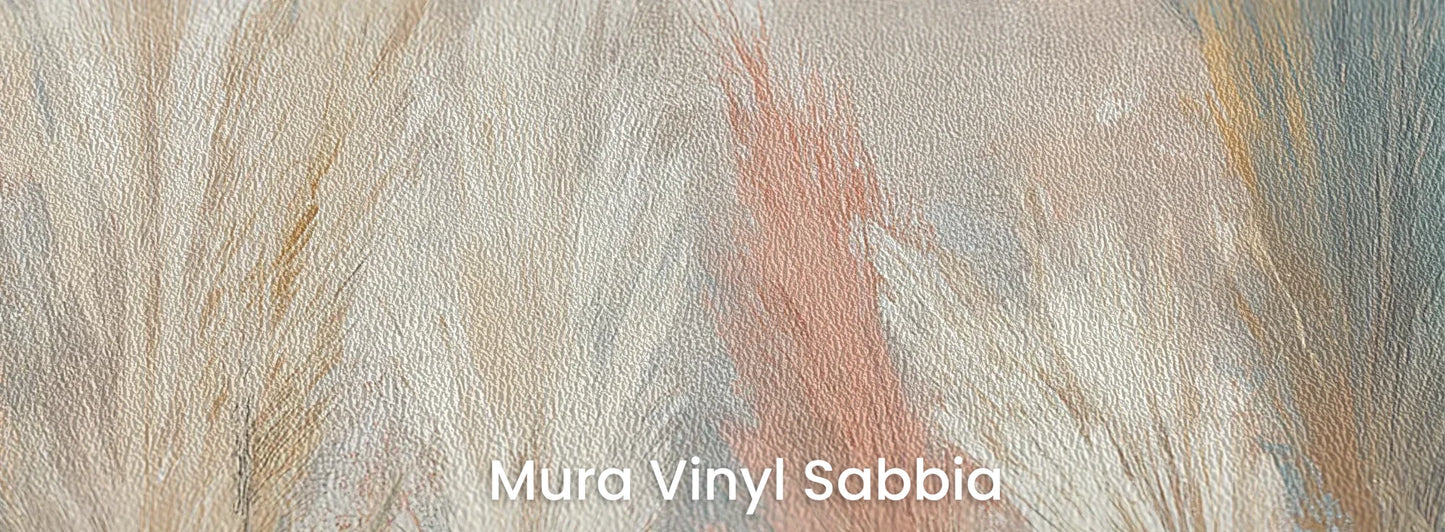 Zbliżenie na fototapetę SOFT HORIZON - tapeta z delikatnymi trawami w pastelowych odcieniach na podłożu o strukturze ziarna piasku.