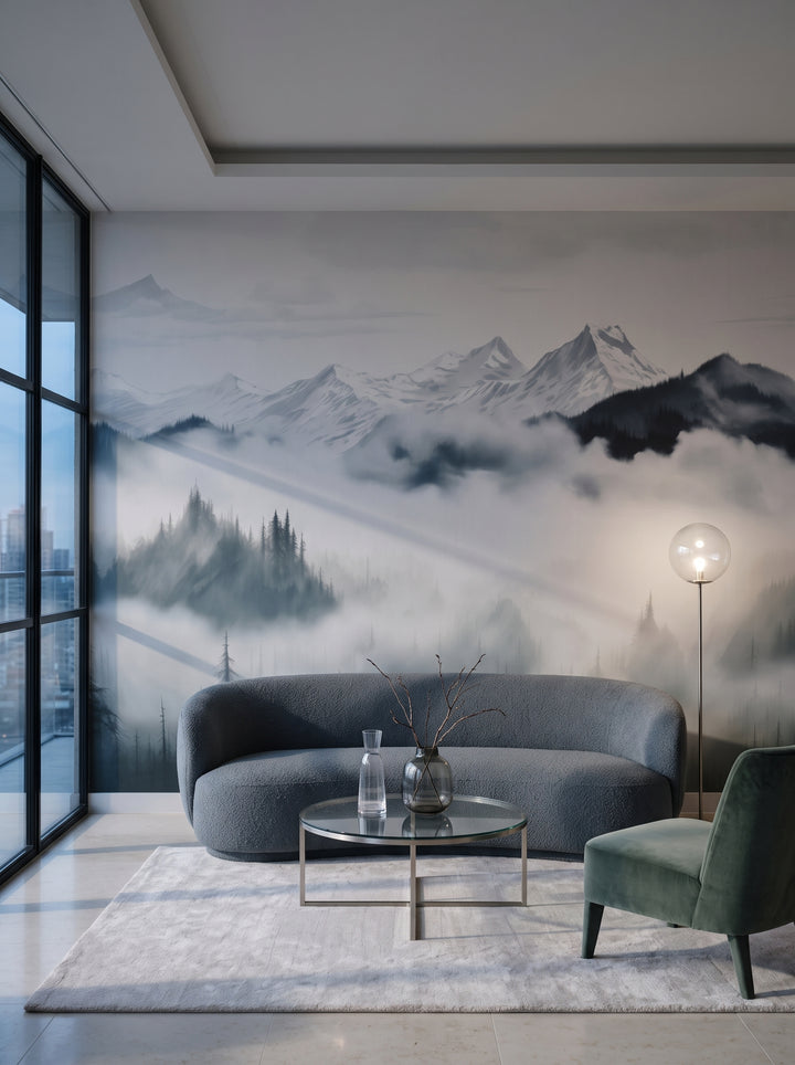 Fototapeta artystyczna o nazwie Ethereal Mountain Whisper w aranżacji wnętrza: salon w penthousie na Manhattanie o zmierzchu.