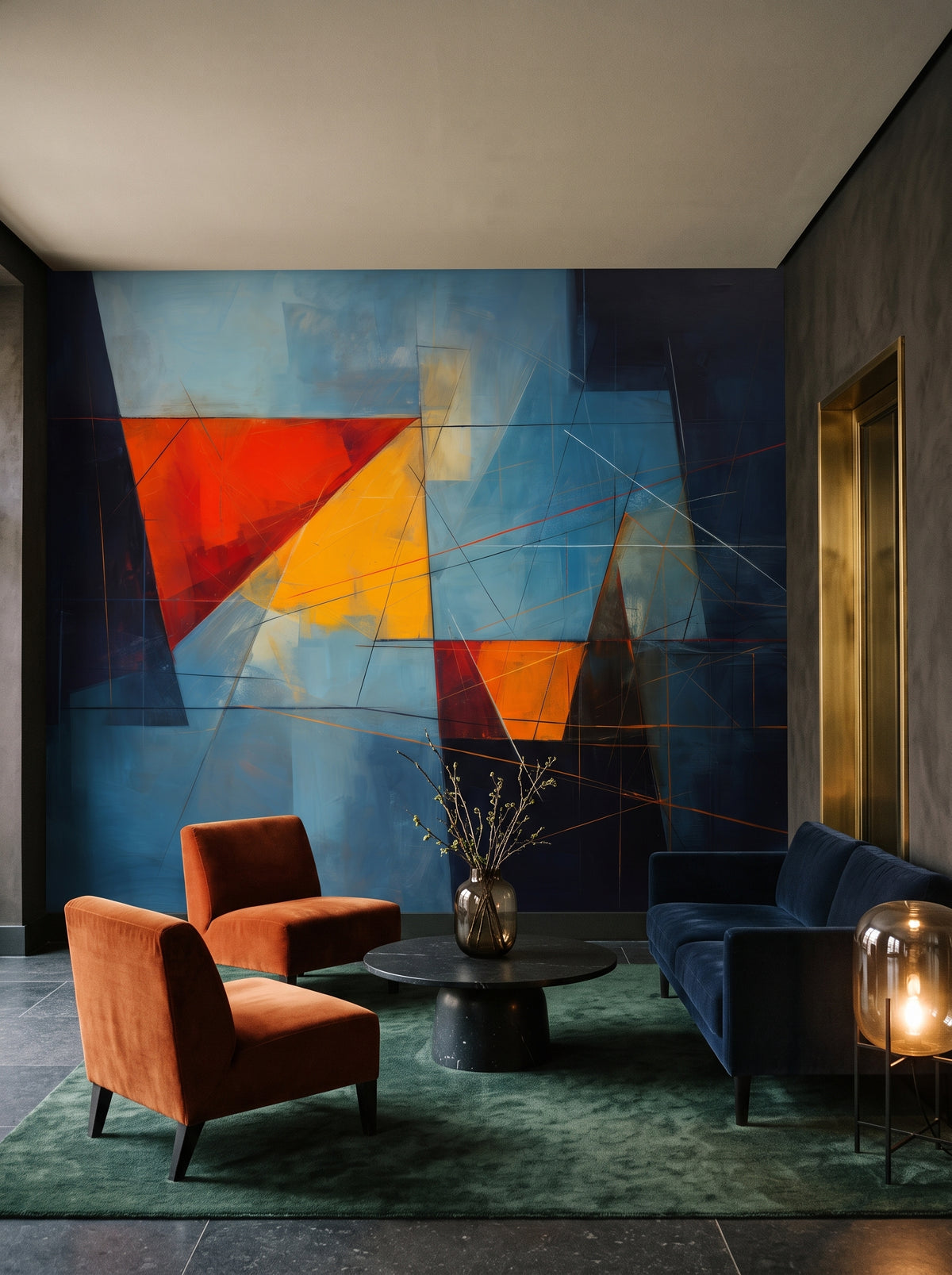 Fototapeta artystyczna o nazwie Dark Triangles w aranżacji wnętrza: lobby lounge w butikowym hotelu designerskim.