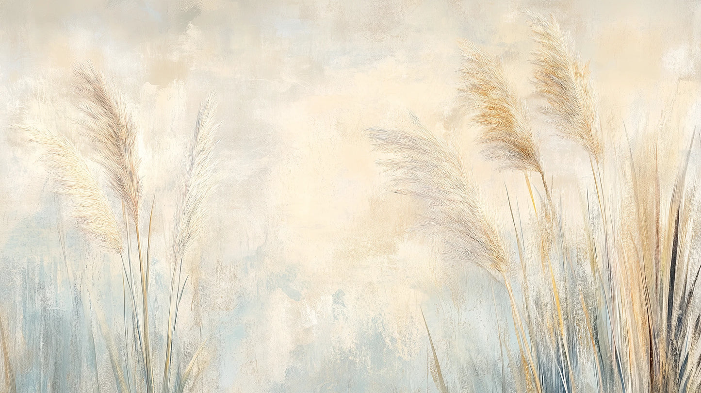 Prezentacja całego wzoru fototapety o nazwie LUMINOUS BREEZE - tapeta z jasnymi źdźbłami trawy na pastelowym tle