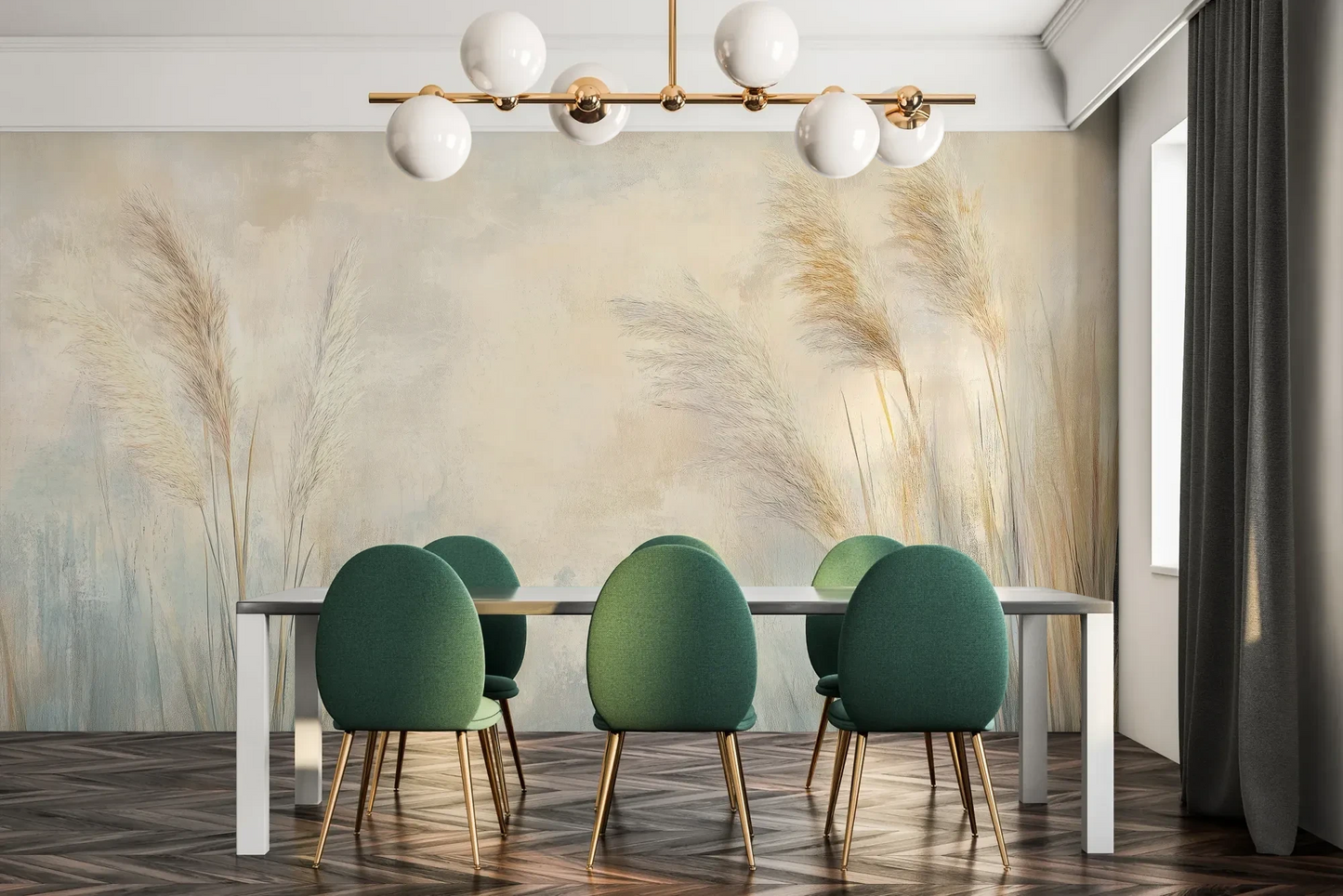 Fototapeta LUMINOUS BREEZE - tapeta z jasnymi źdźbłami trawy na pastelowym tle pokazana w aranżacji jadalni.