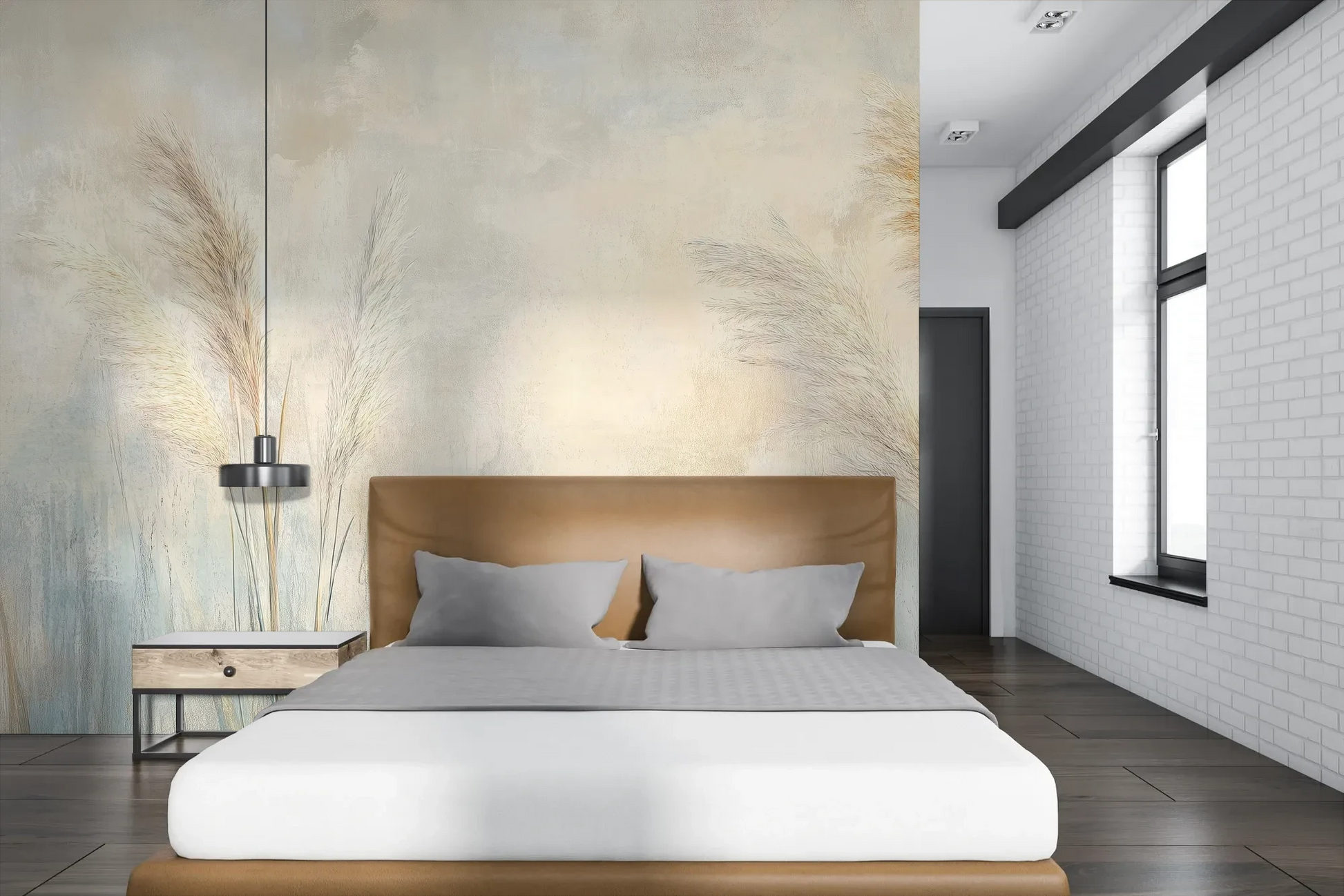 Wzór fototapety LUMINOUS BREEZE - tapeta z jasnymi źdźbłami trawy na pastelowym tle pokazanej w aranżacji sypialni.