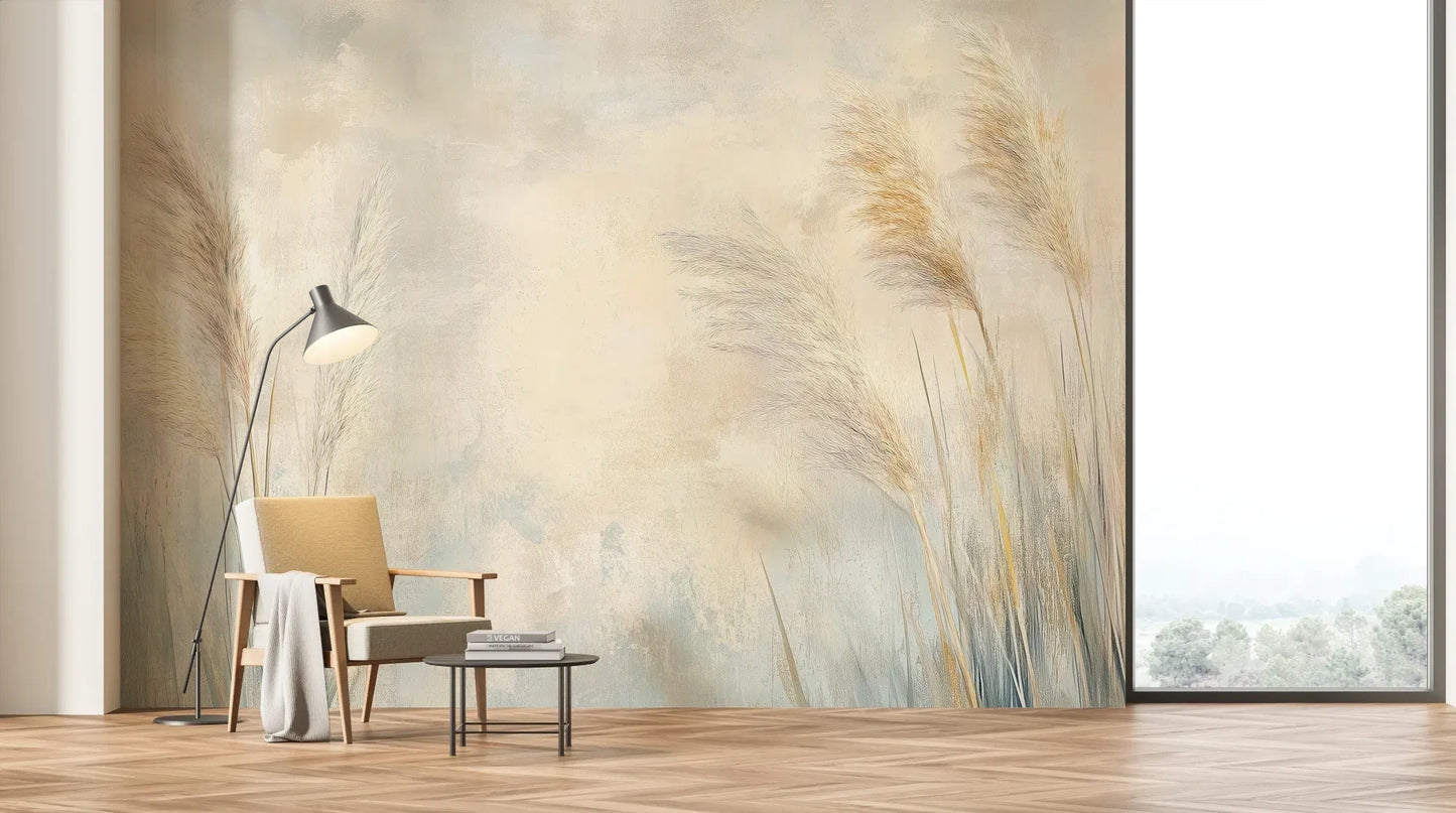 Wzór fototapety LUMINOUS BREEZE - tapeta z jasnymi źdźbłami trawy na pastelowym tle pokazanej w aranżacji salonu.